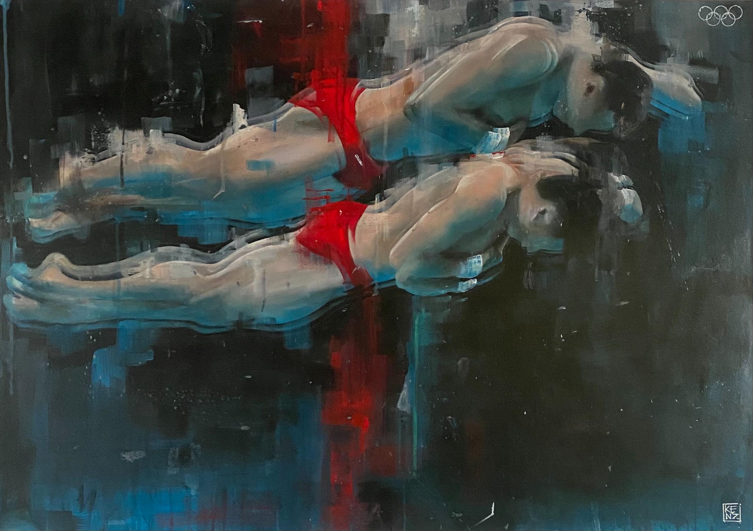 A painting of two divers wearing red trunks