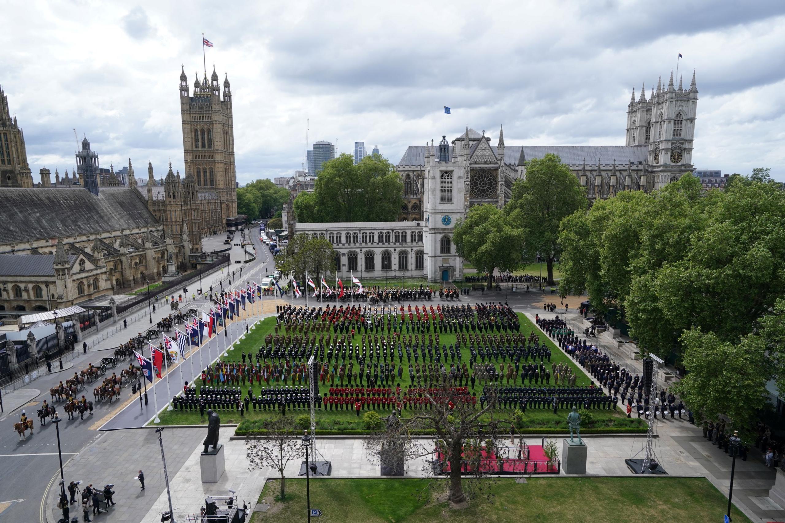 Military personnel at Parliament Square ahead of a military procession marking the 80th anniversary of VE Day.