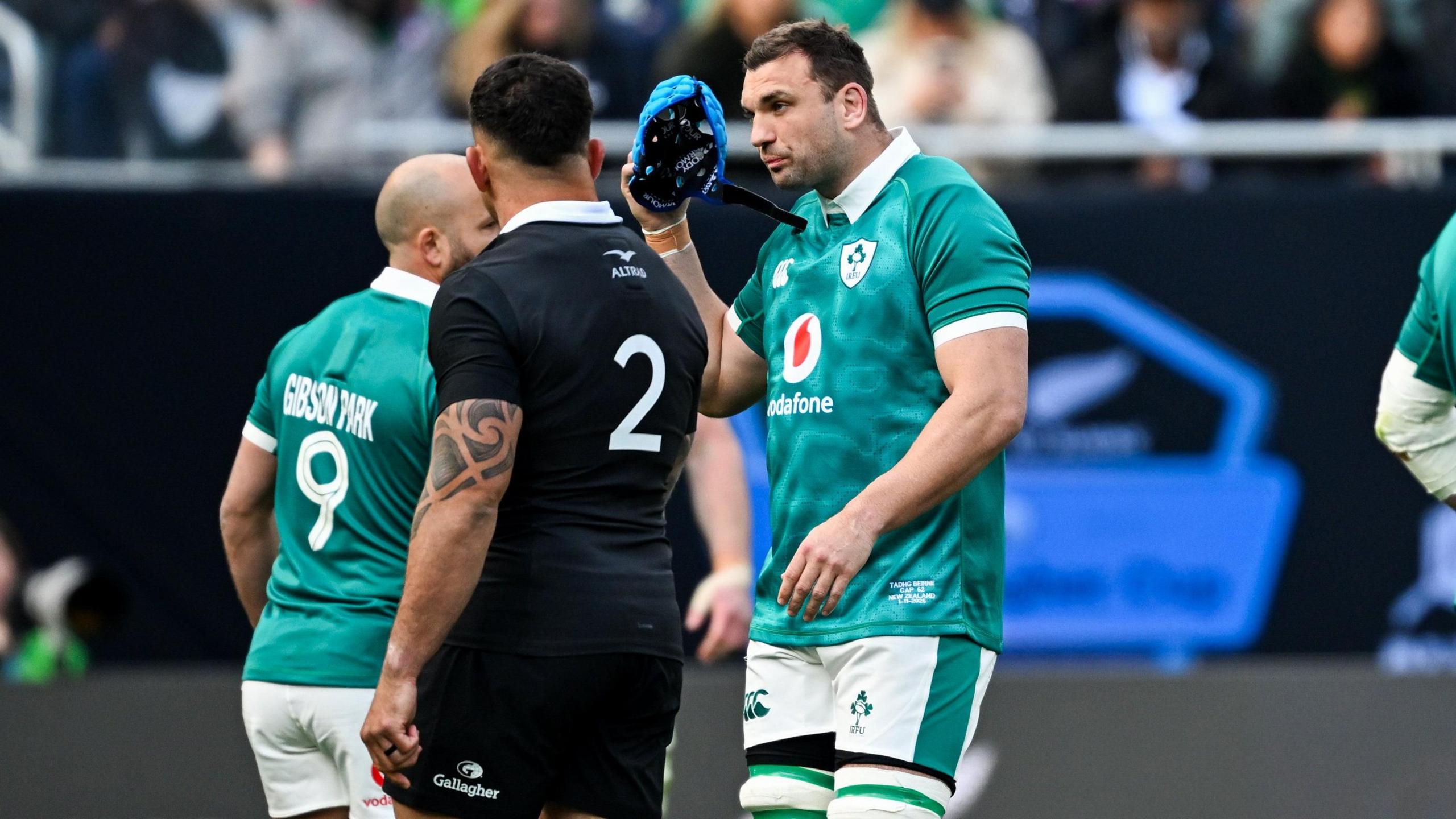 Tadhg Beirne is shown a yellow card, which was upgraded to red