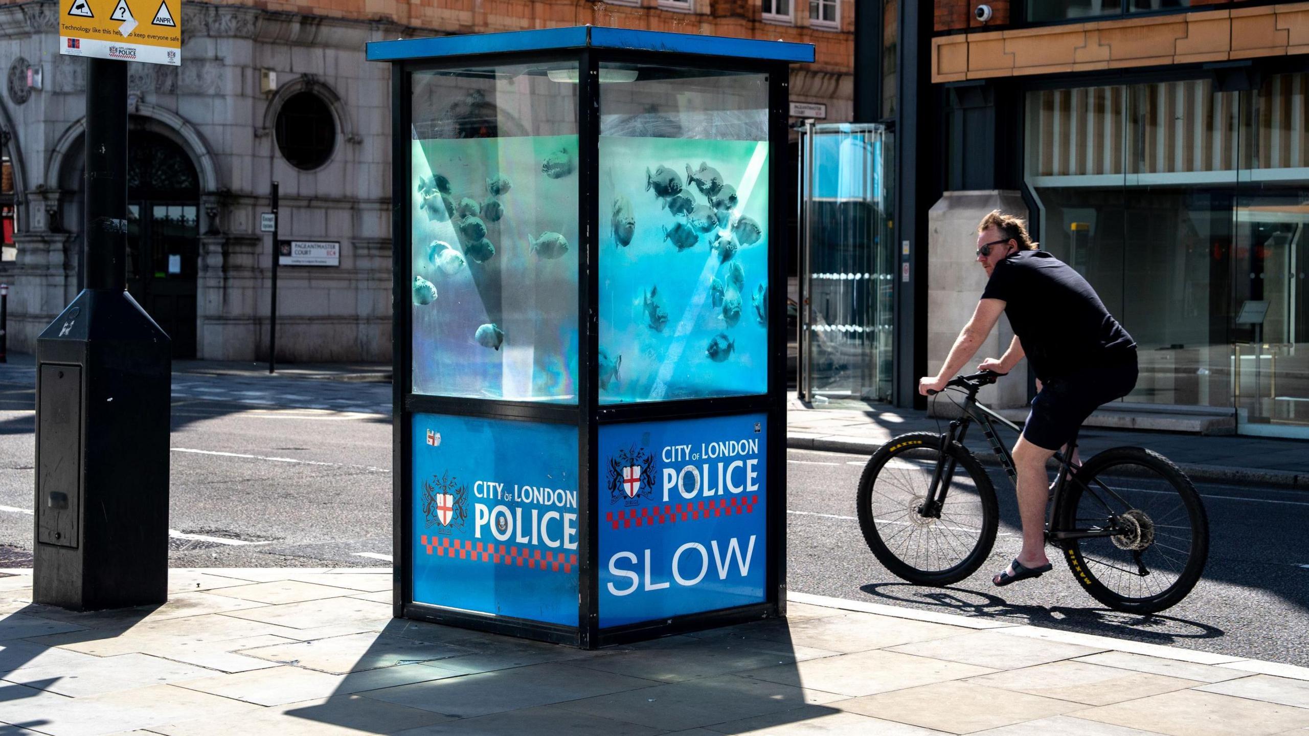 Banksy work of fish shoal, possibly piranhas, painted onto a glass police sentry box. The view is taken from the pavement and on the right, a cyclist rides by.