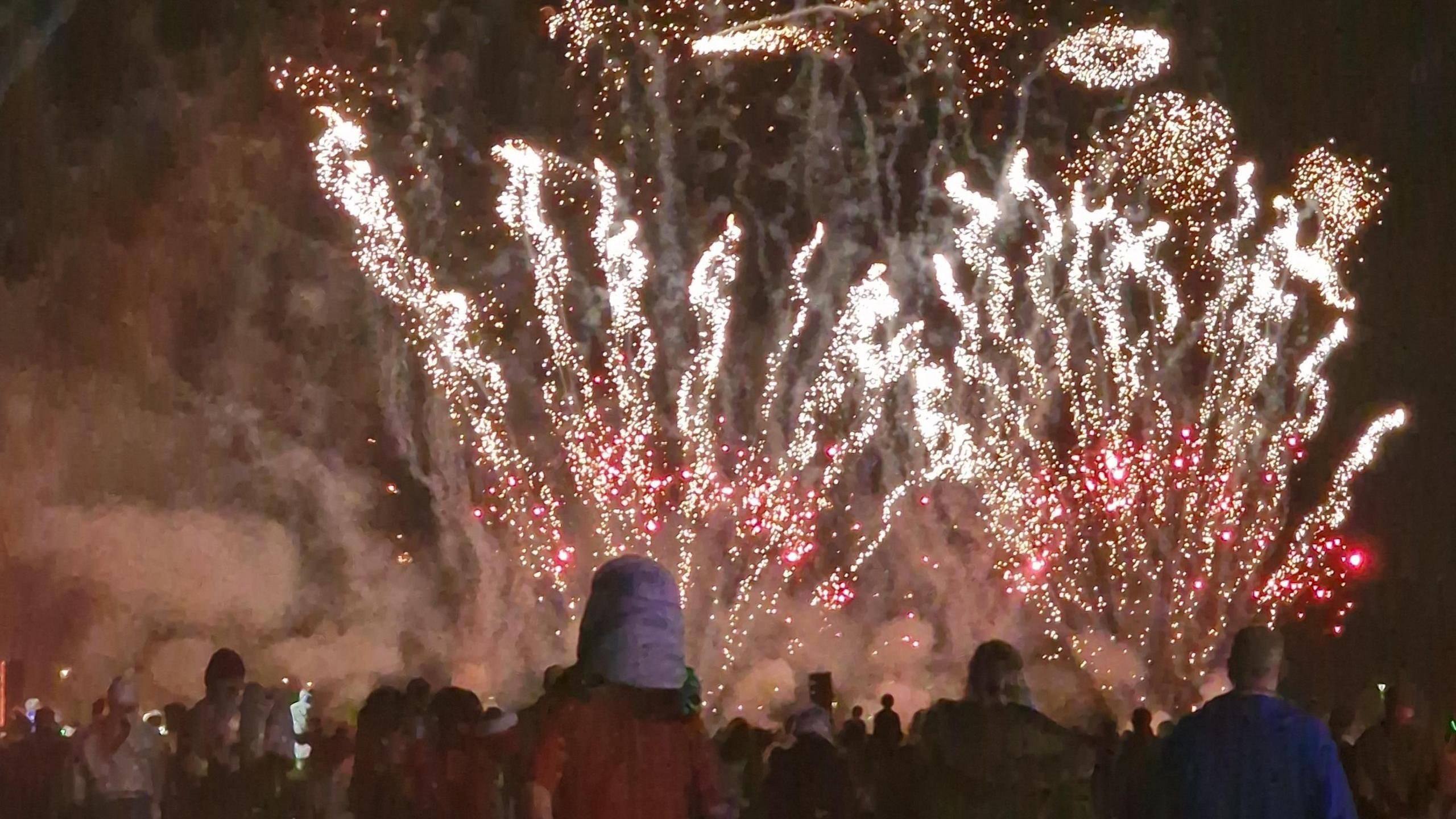 A firework display being watched by a crowd with their backs to the cameras as the colourful explosions and smoke fill the sky. A child can be seen on an adult's shoulders.