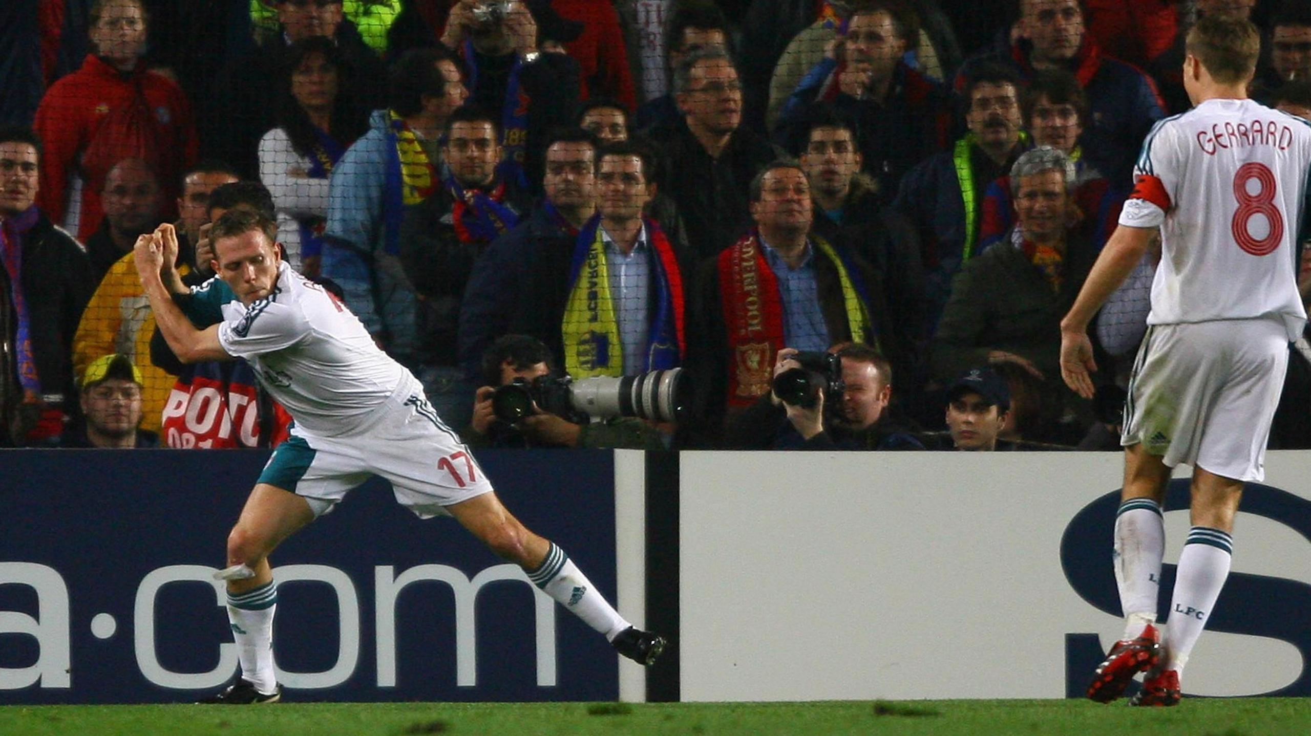 Liverpool striker Craig Bellamy celebrates with his 'Golf Swing' after scoring during the UEFA Champions league Round of 16, first leg match between Barcelona and Liverpool at the Camp Nou Stadium on February 21, 2007 in Barcelona