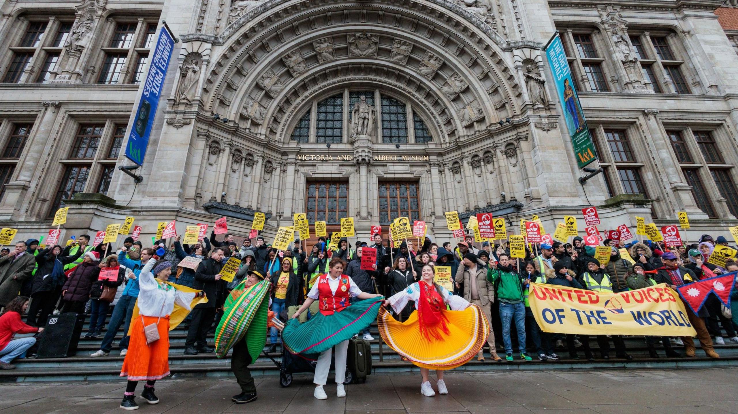 Striking security guards from the Science Museum, Natural History Museum and Victoria and Albert Museum represented by the United Voices of the World (UVW) trade union attended a picket outside the Victoria and Albert Museum. Some are dressed up, others are holding banners and posters.