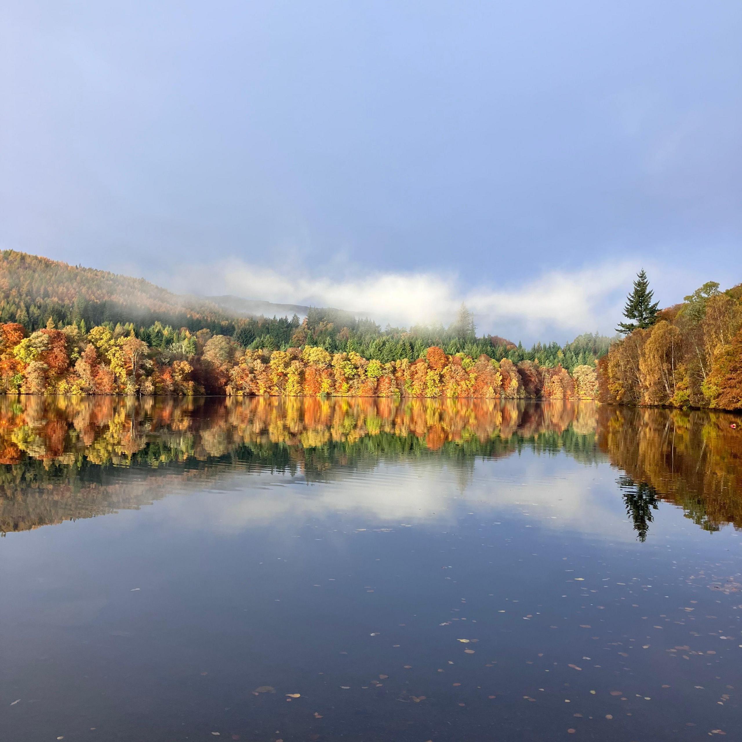 Loch Faskally is calm under a blue sky. There are trees on either side in a variety of orange, yellow and golden colours. The trees are reflected in the water.