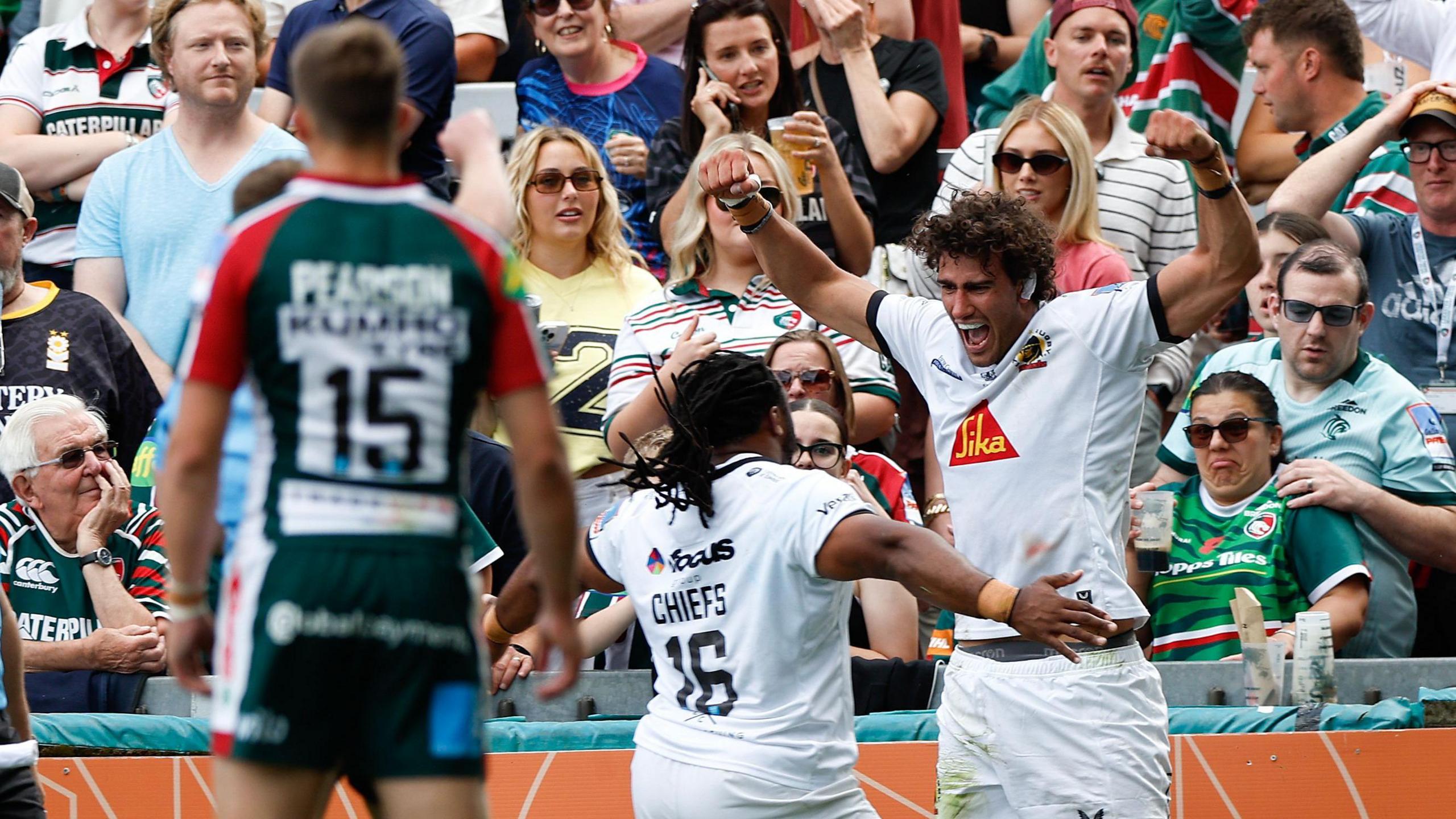 Andrea Zambonin celebrates scoring the winning try for Exeter Chiefs at Leicester Tigers
