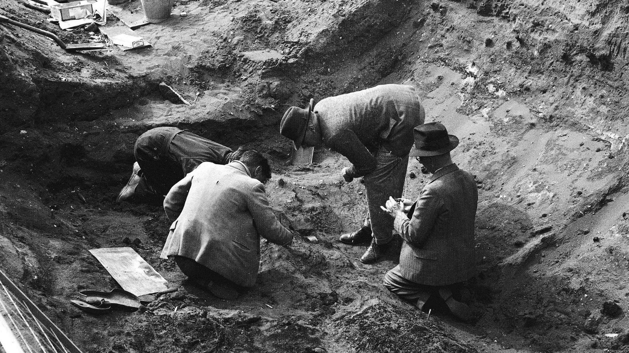 A black and white image of archaeologists in the 1930s uncovering a Anglo-Saxon burial ship in the ground. Four people look at the ground as one of moves their hand over the earth.