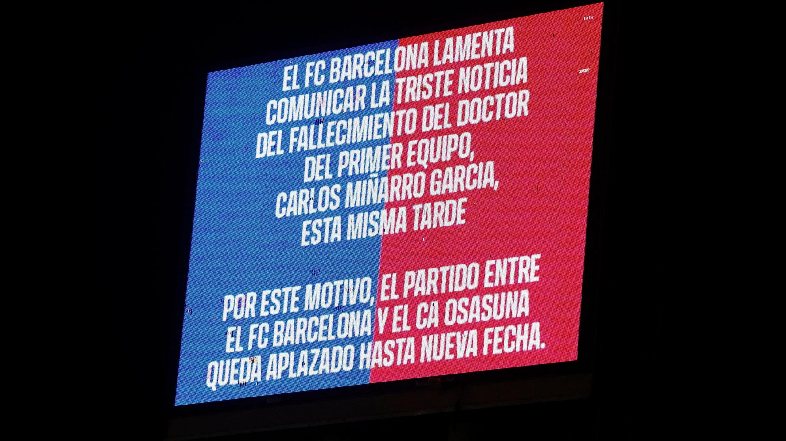 A message on the big screen announcing the postponement 