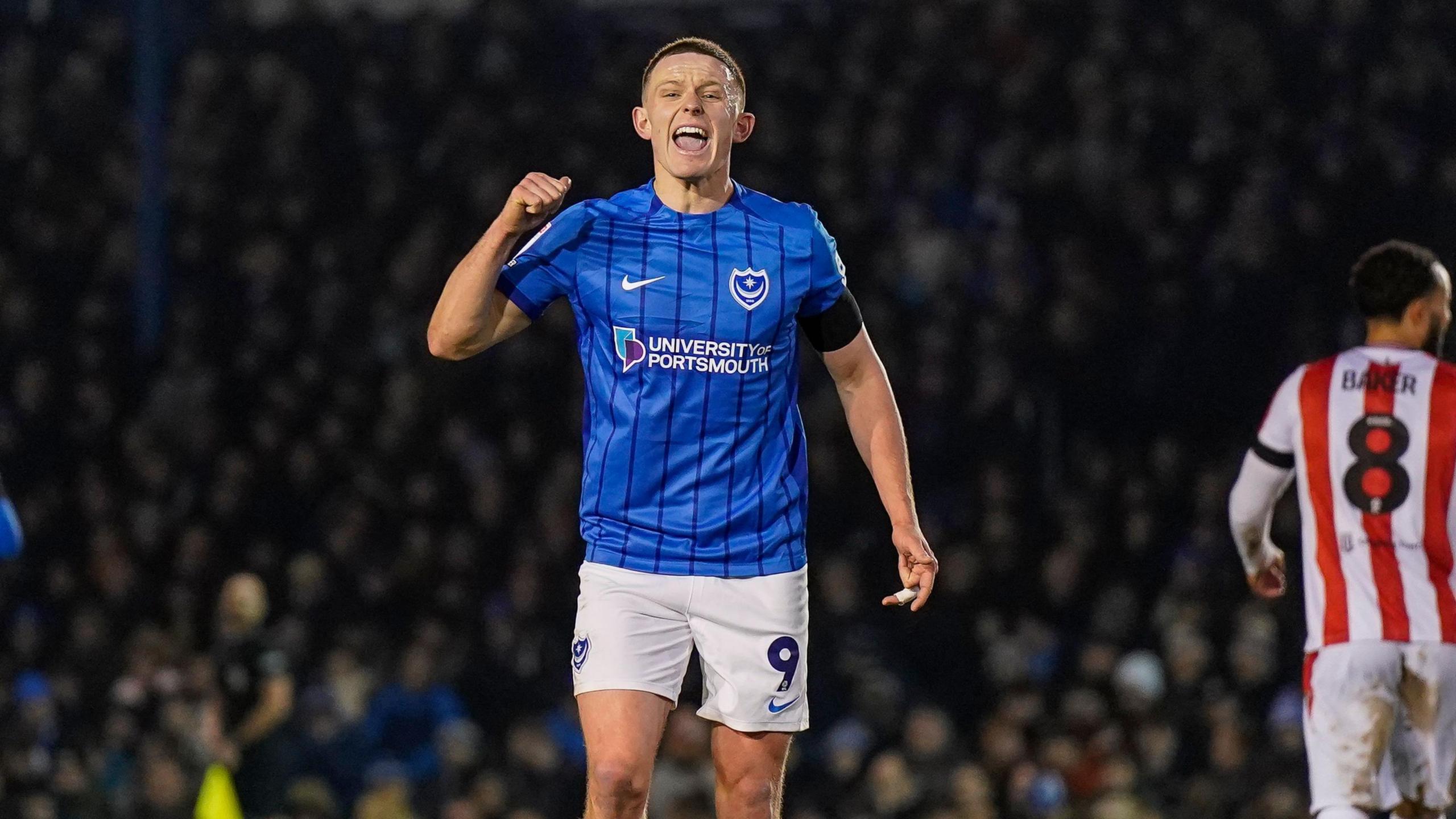 Portsmouth striker Colby Bishop celebrates after scoring