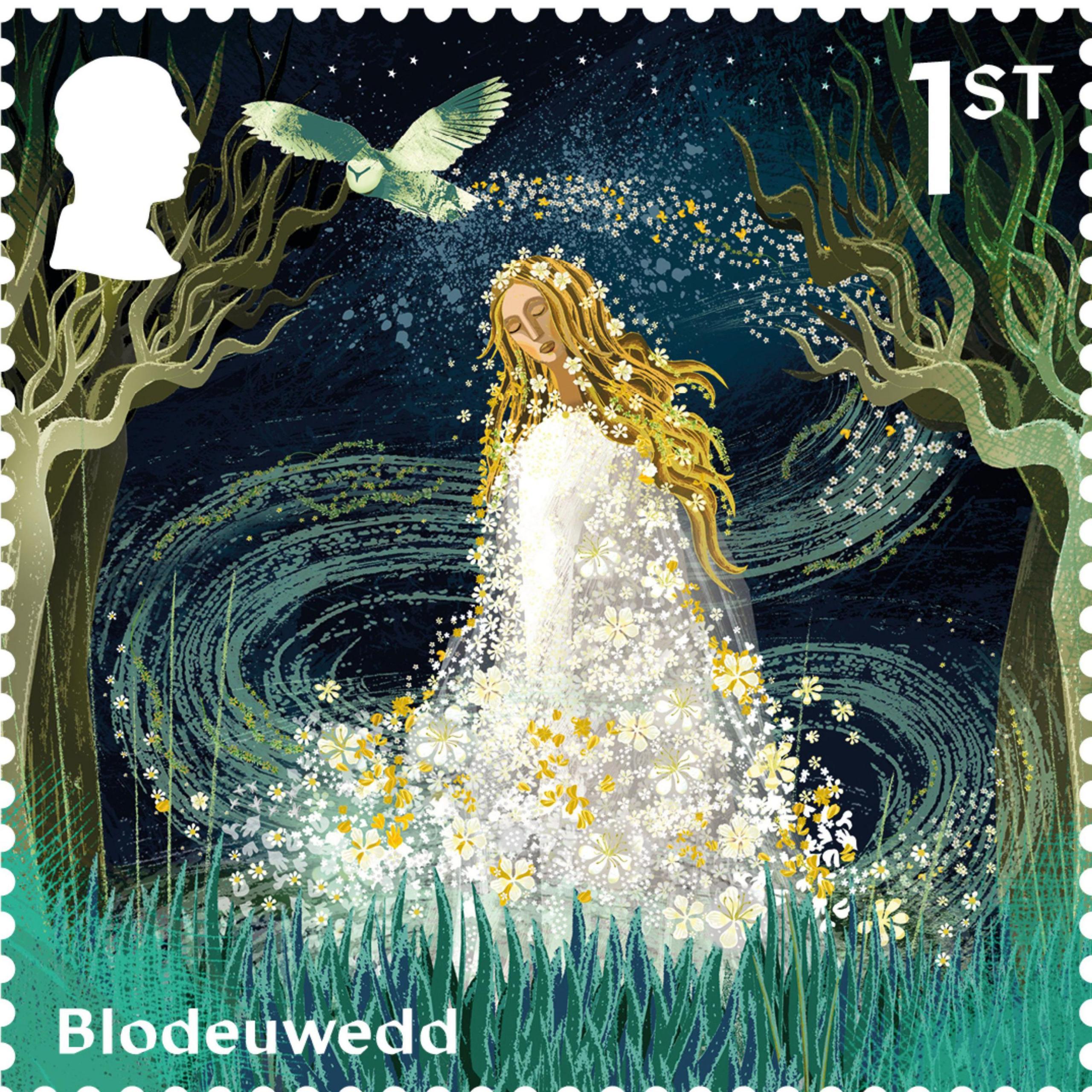 New stamp shows an illustration of Blodeuwedd -  the Welsh goddess of flowers. She wears a dress made from white and yellow flowers. Behind her, a white owl flies around the night sky. 