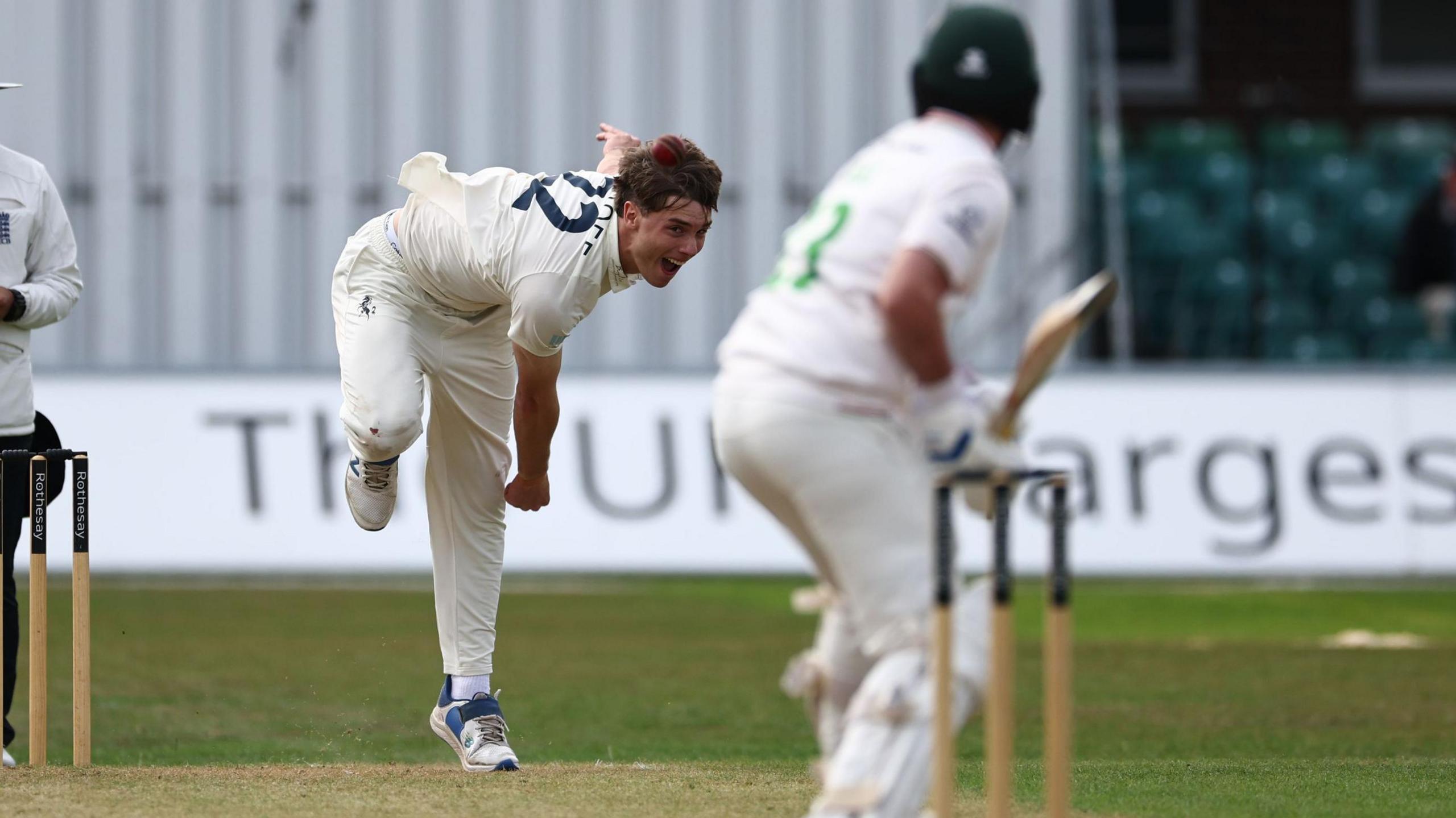 Corey Flintoff bowling at Grace Road