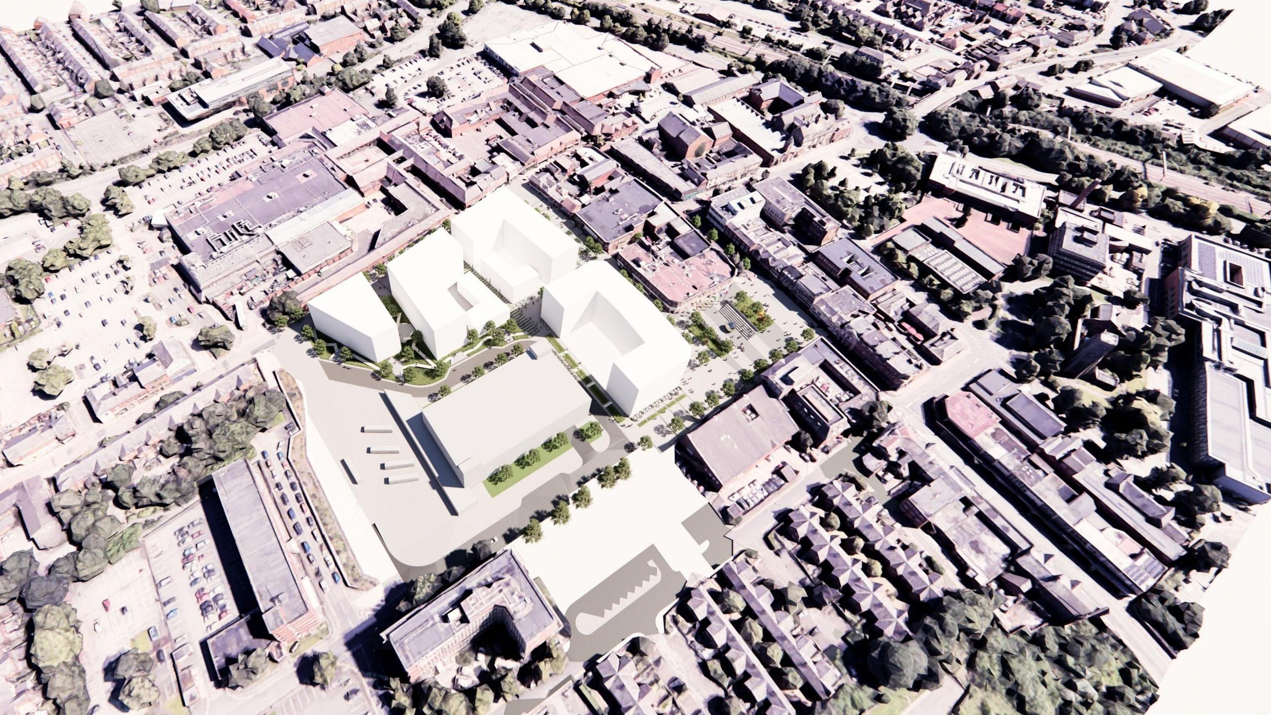 A CGI of Crewe from above showing where planned housing could be built. We can see rows of houses with streets in between and some trees.
