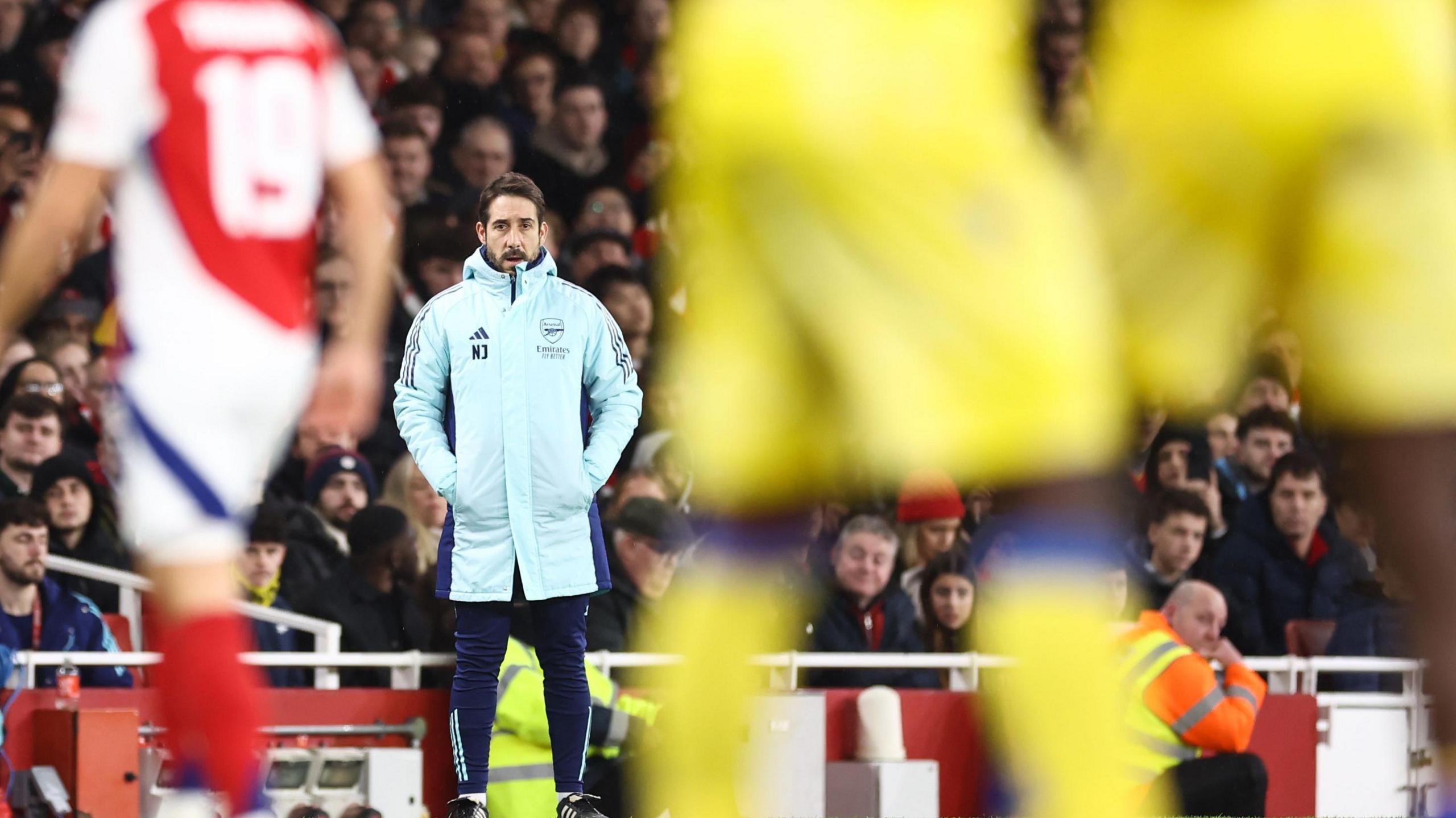 Arsenal set-piece coach Nicolas Jover watches their Carabao Cup quarter-final against Crystal Palace