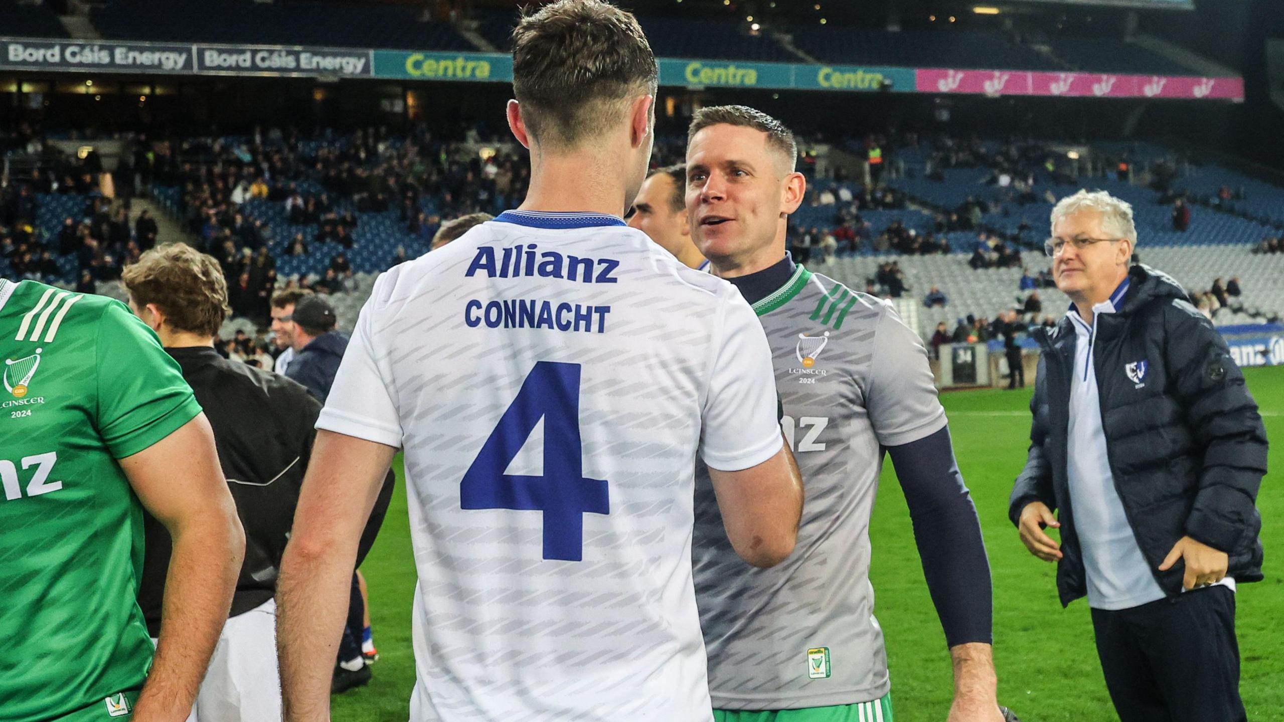 Stephen Cluxton talks to Connacht's Sean Mulkerrin after the opening Interprovincial semi-final at Croke Park