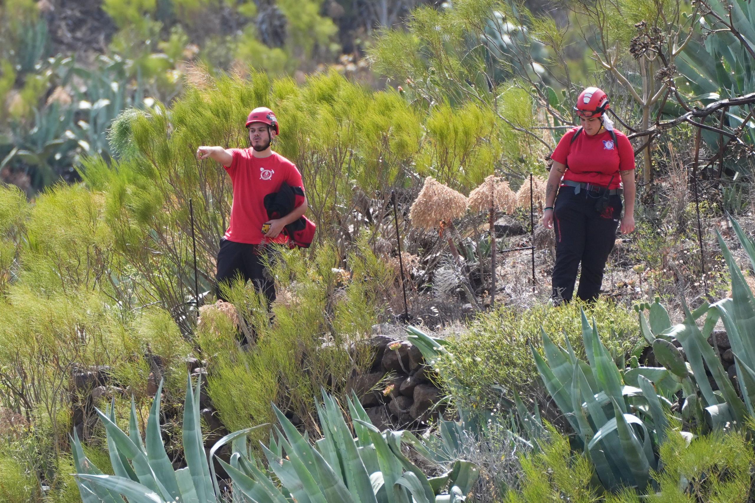 A man and a woman wearing dark trousers and red t shirts stand among the terrain in Tenerife.