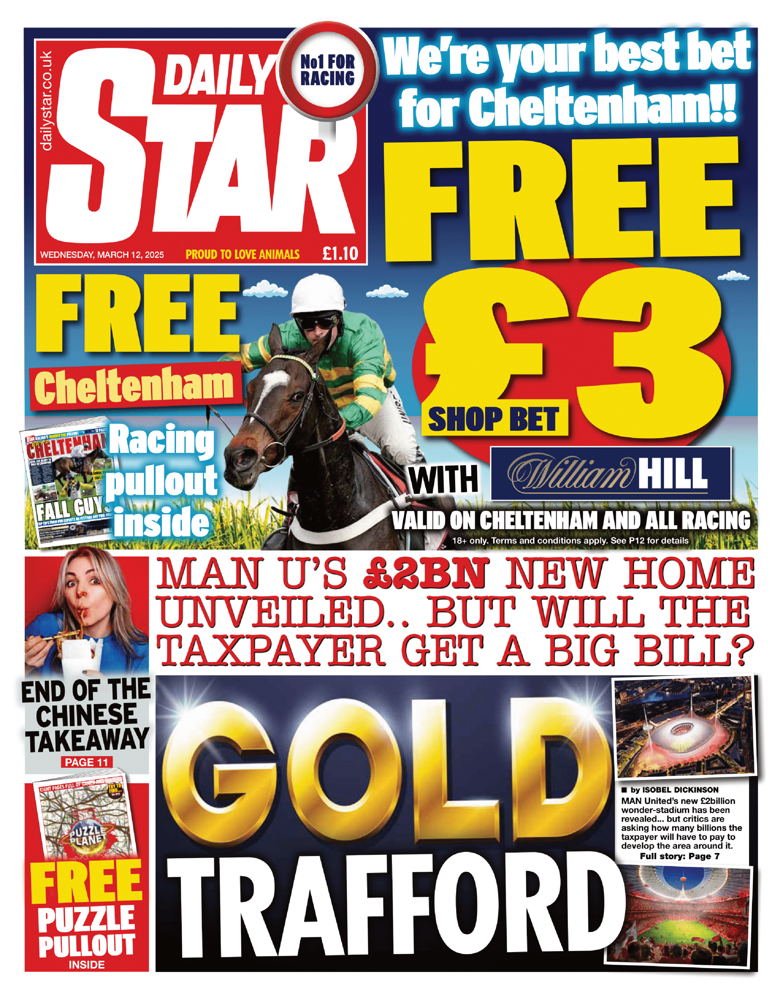 The headline on the front of the Star reads: "Man U's £2bn new home unveiled.. but will the taxpayer get a big bill?"