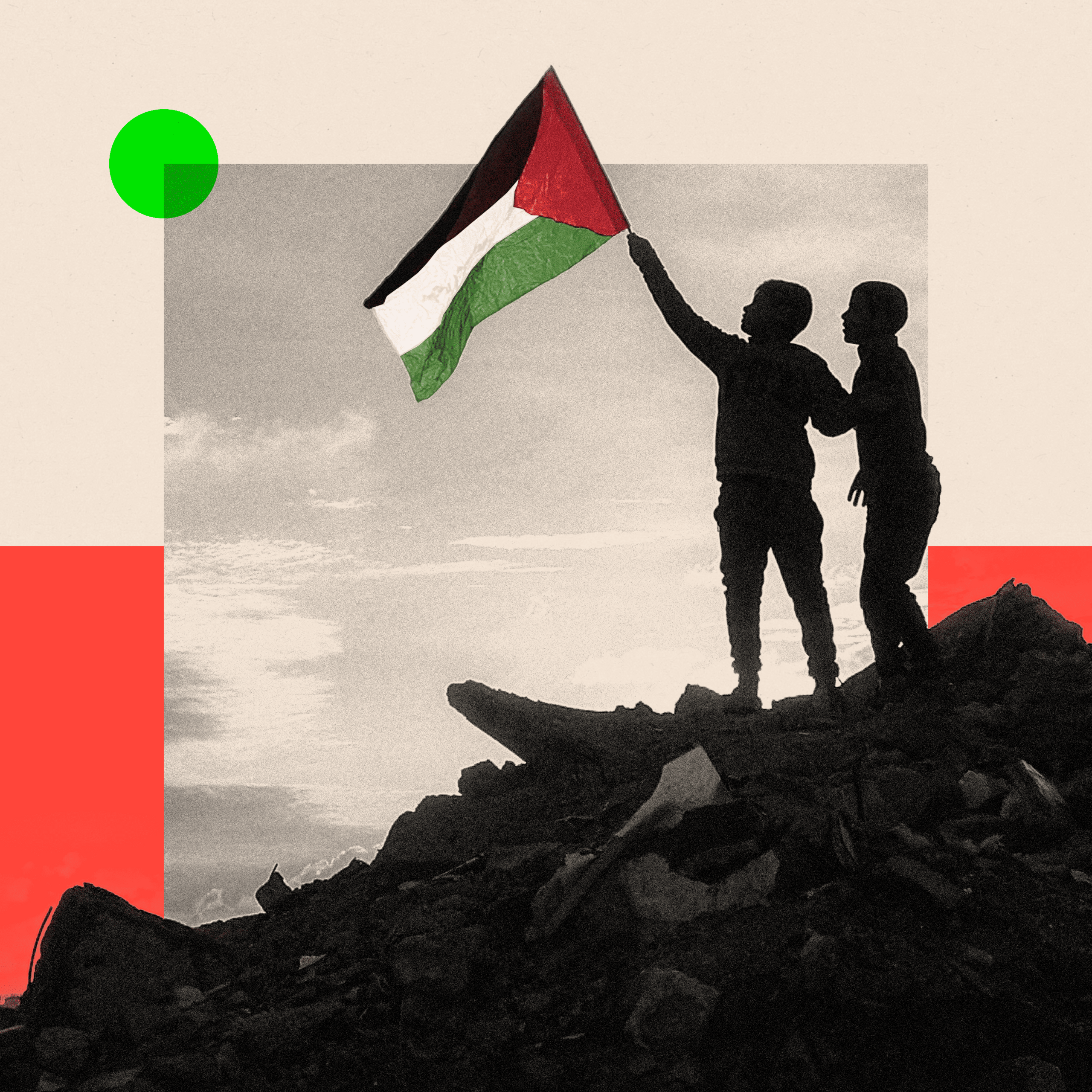 A boy runs with a Palestinian flag atop a mound of rubble at a camp