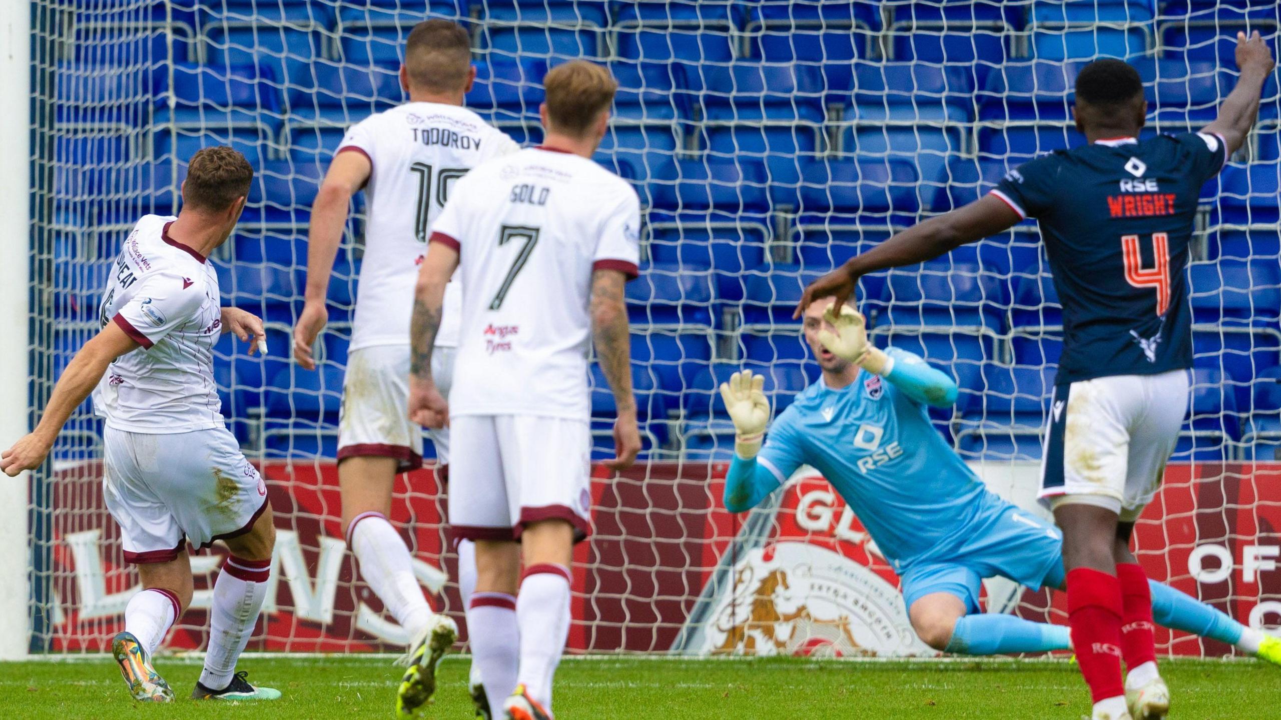 Aaron Muirhead scores a penalty for Arbroath against Ross County
