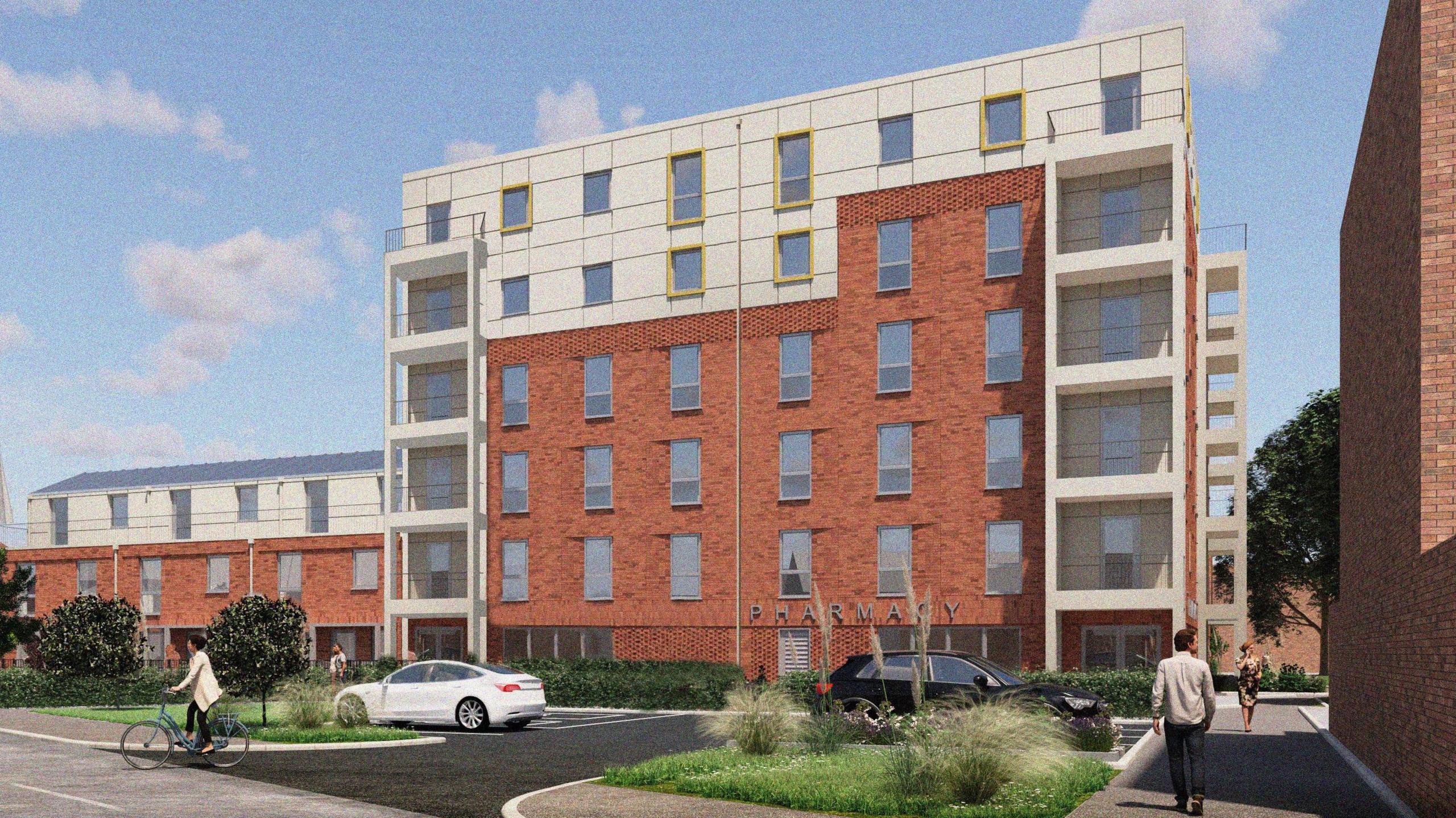 A CGI image of a small block of flats with people walking and biking outside. Several cars are parked.