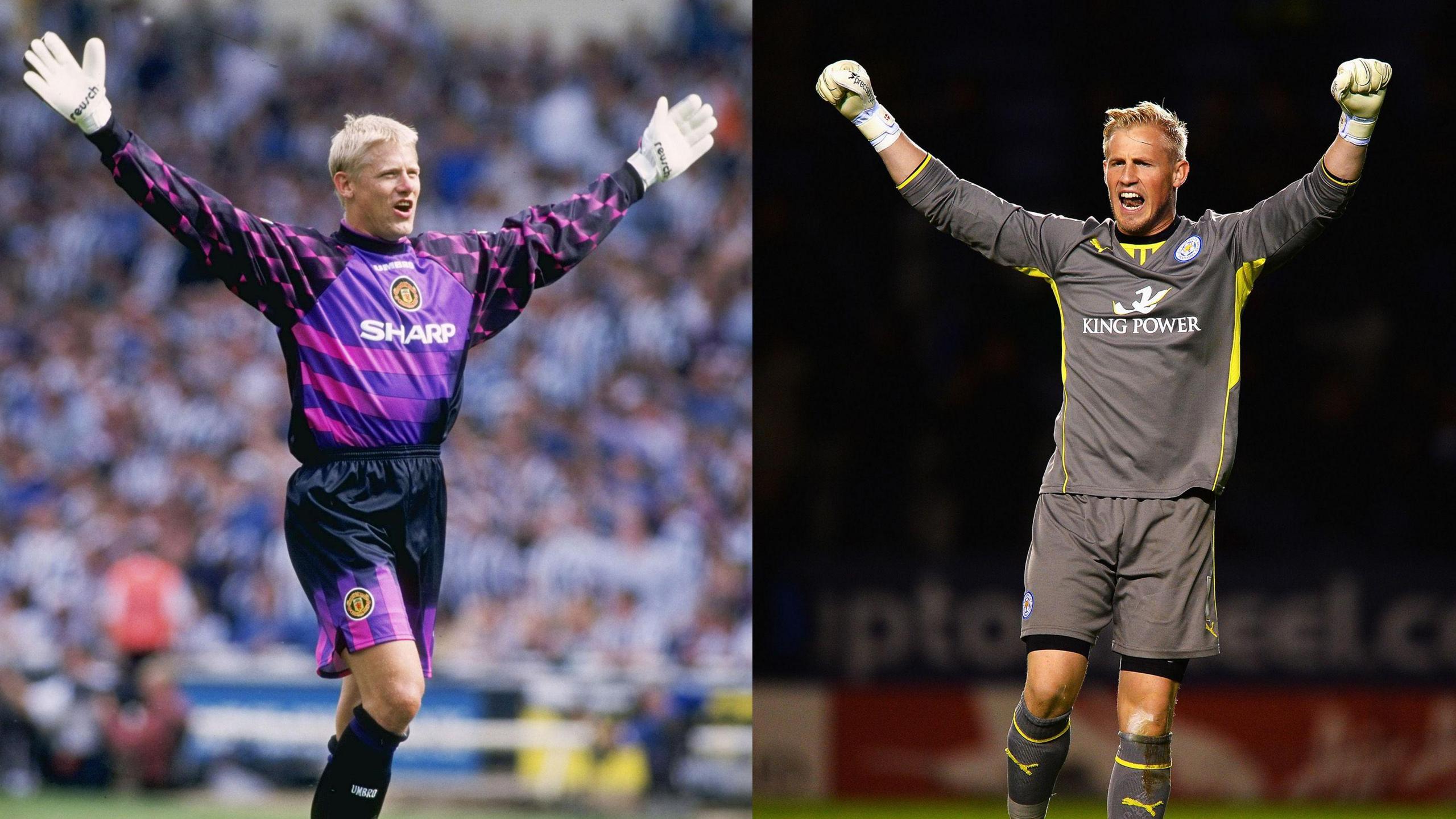 LEFT IMAGE - Peter Schmeichel of Manchester United
RIGHT IMAGE- Goalkeeper Kasper Schmeichel of Leicester City 
