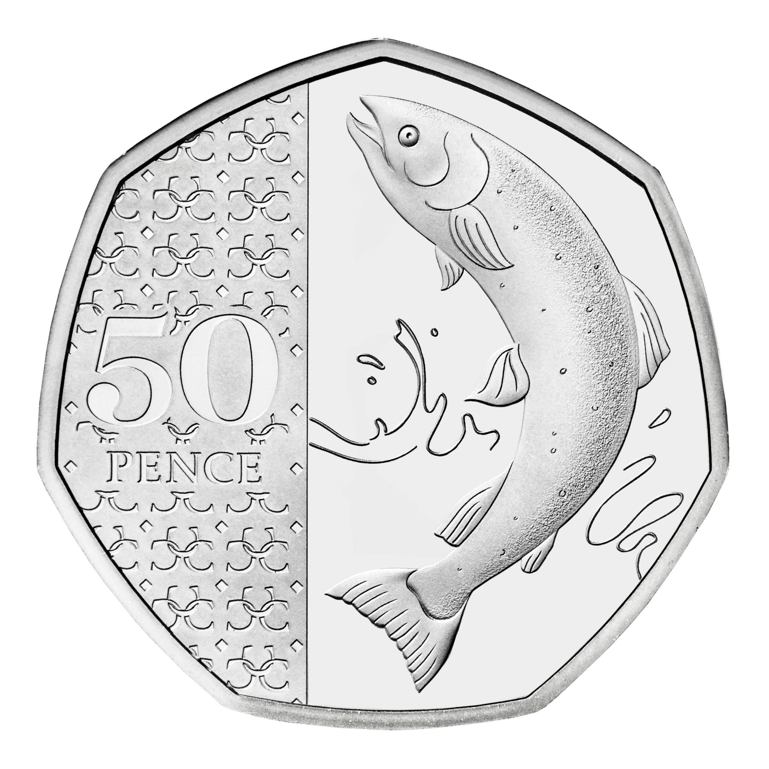 A 50p coin with the Atlantic salmon on one side, which has the King's portrait - not shown here - on the reverse