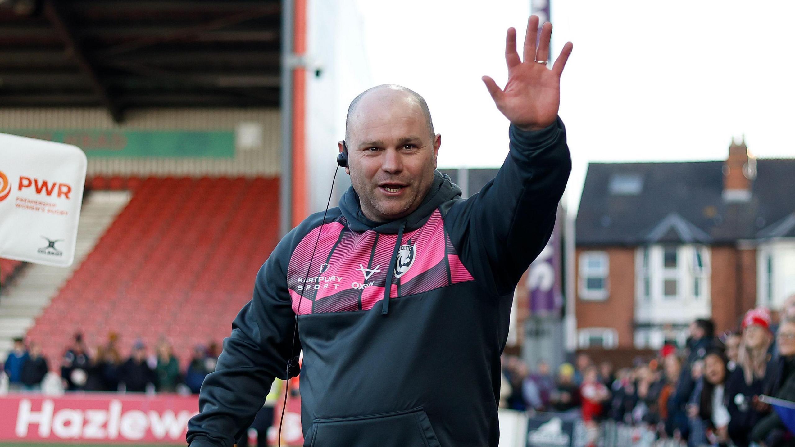 Sean Lynn waving goodbye to fans after his final home game in charge of Gloucester-Hartpury