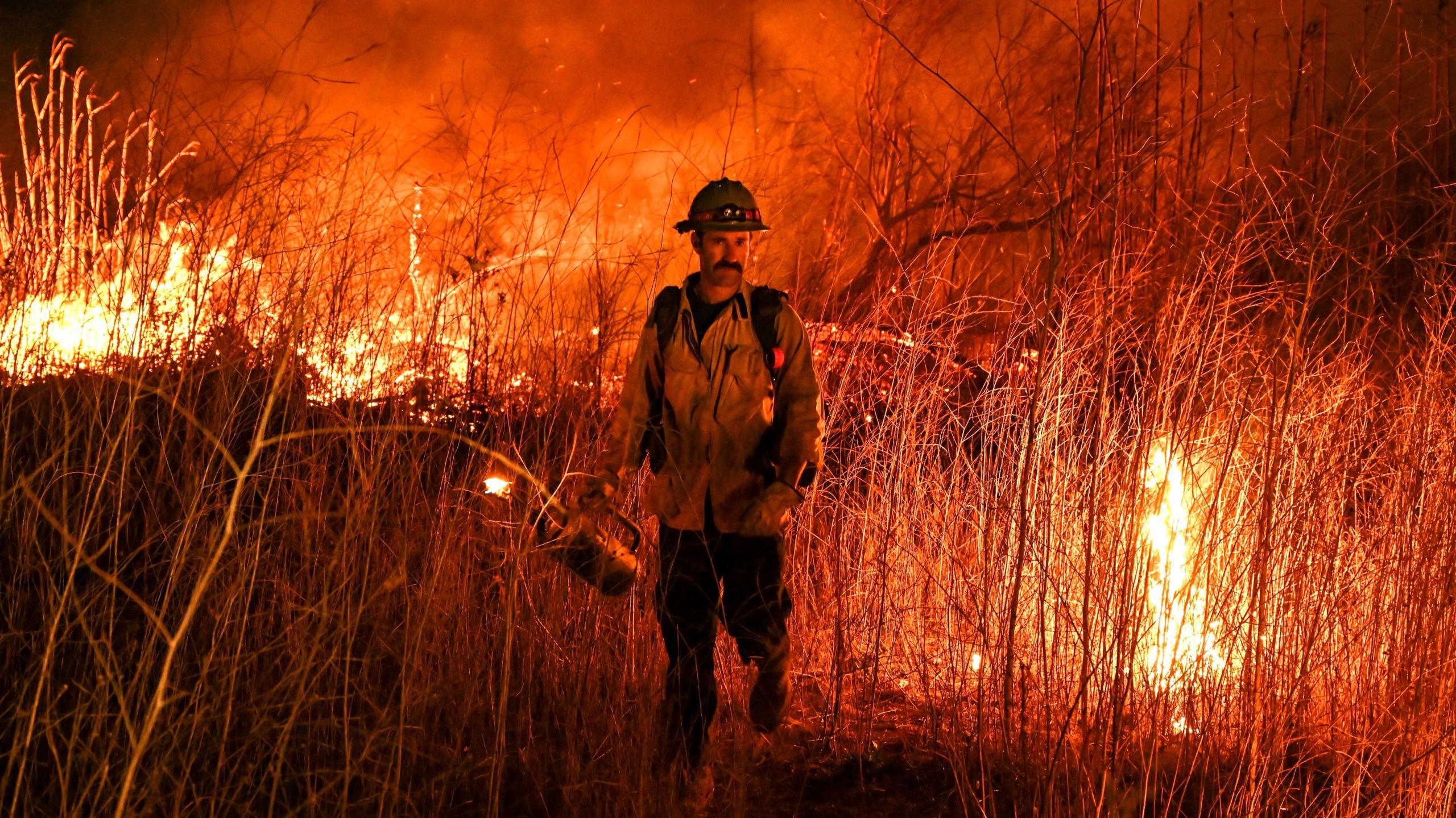 A firefighter walks in brush, parts of which are on fire