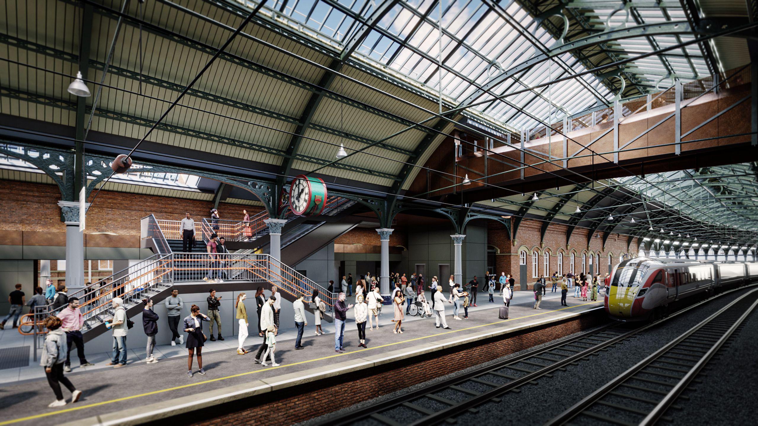 A CGI of how Darlington station will look. People stand on the platform waiting for a train to arrive. The new staircase is behind them leading to the bridge which runs through the vaulted ceiling.