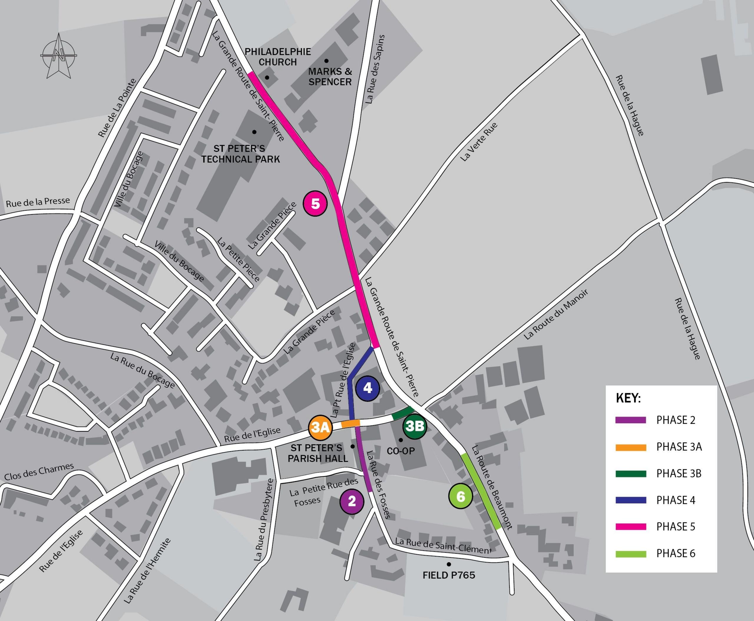 A colour coded map showing a phased upgrade of the sewer network in St Peter’s Village, Jersey. Each phase of the project is colour coded and numbered.