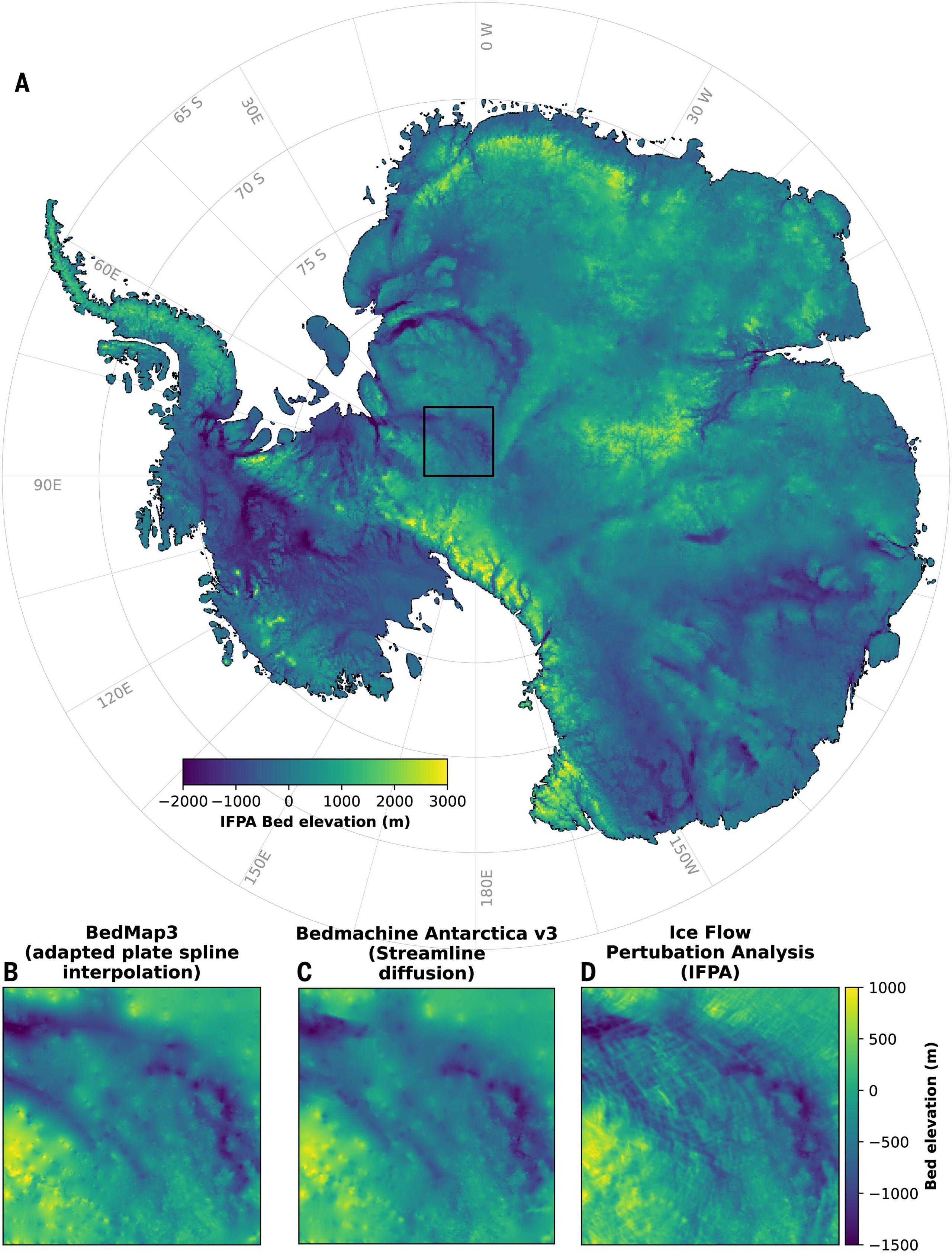 A map of Antartica. It is green and blue. The light green areas show where the bed is raised while dark blue areas are where it goes below sea level