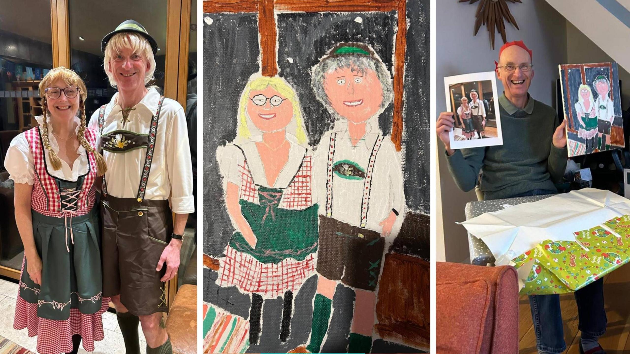 Three images. Left, man dressed in lederhosen and a woman dressed in similar German traditional clothing - a red and white checkered dress and white blouse. They are both wearing blonde wigs and are stood in front of large glass windows. Centre, a crudely painted version of the same scene, coloured with a very dark background paint. Right, the man in the photograph on the left is pictured holding the photograph and the painting while sitting on a chair with Christmas wrapping paper on his knees. He is wearing a red Christmas hat and smiling. There is a red sofa to his left and a star shaped clock on a blue wall.