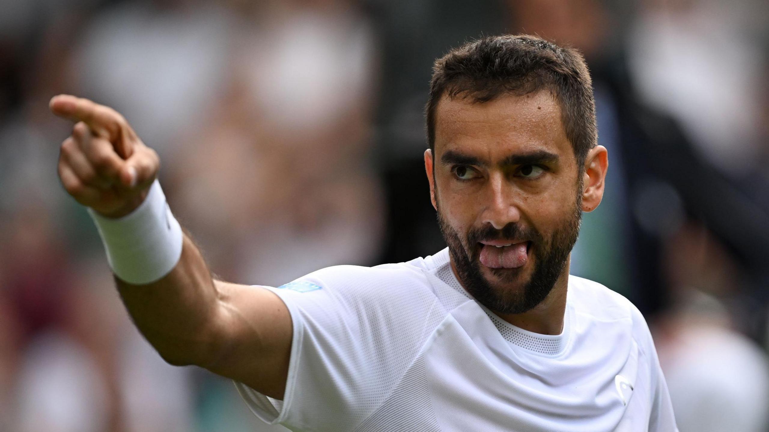 Marin Cilic points to his team during his Wimbledon win over Jack Draper