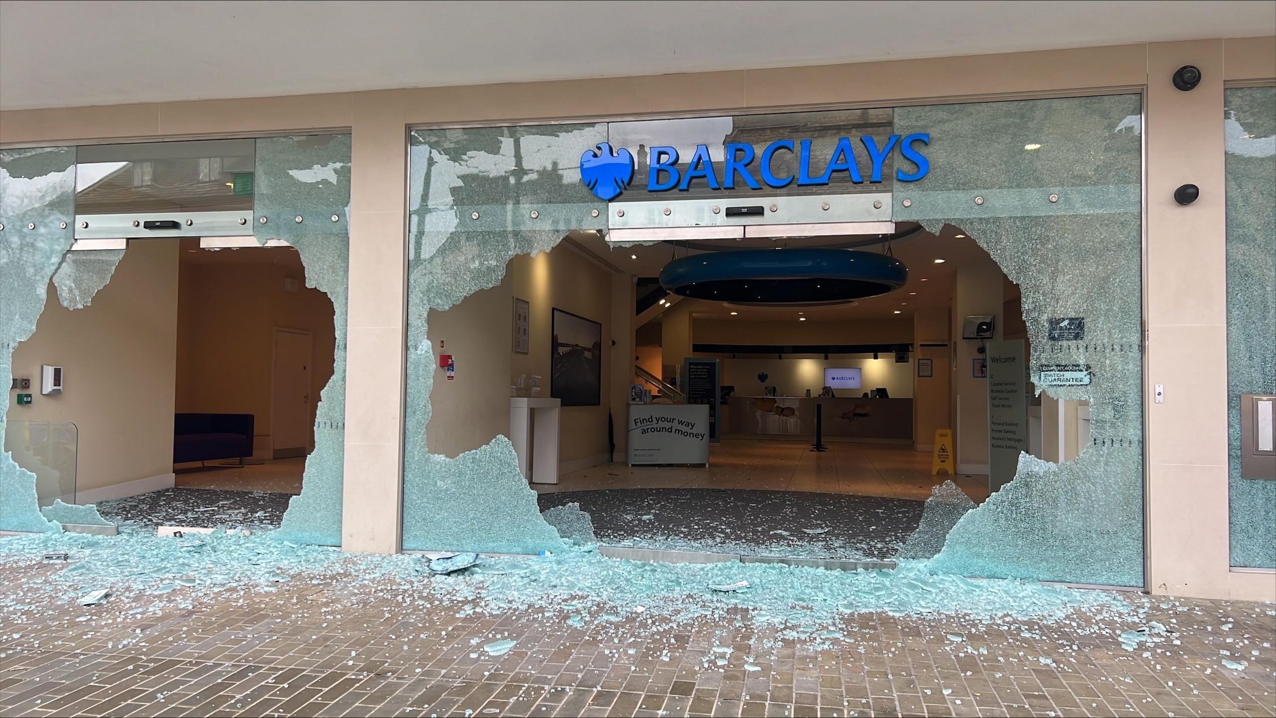 Vandalised Barclays bank building