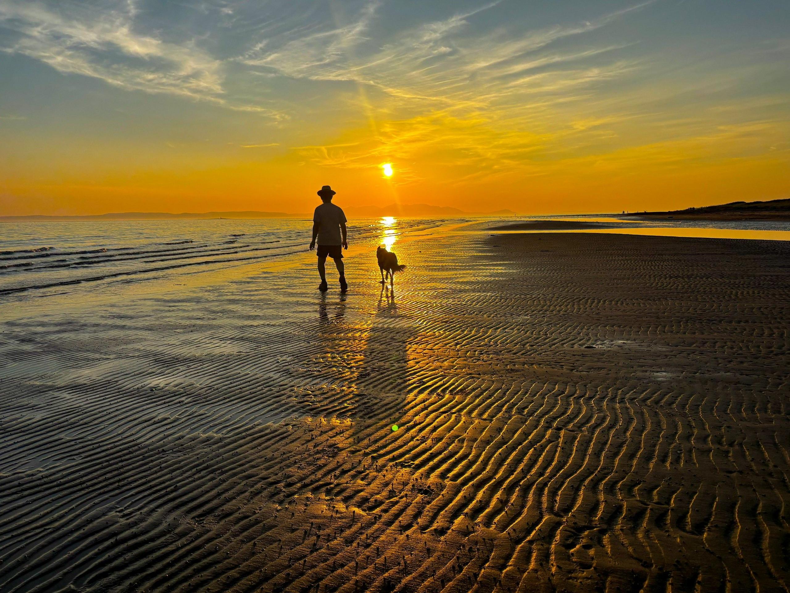 A silhouette of a man wearing a hat accompanied by a collie on a beach at sunset