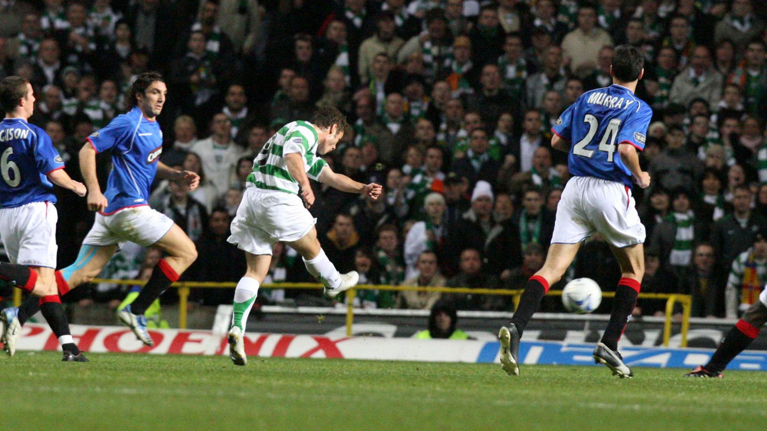 Shaun Maloney scores for Celtic against Rangers in 2005