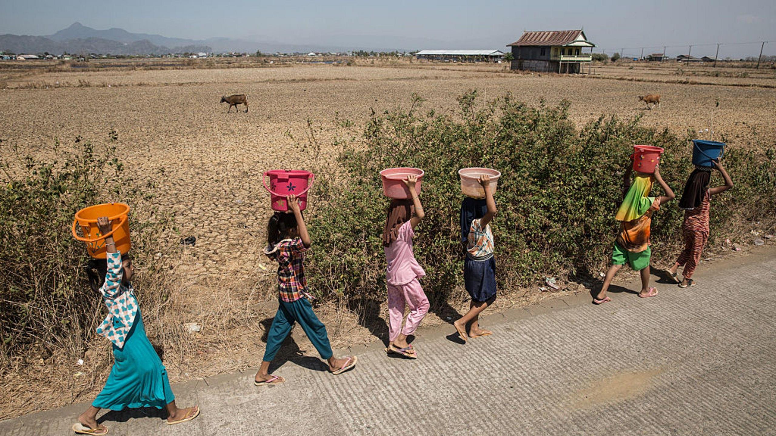Six women walk along a road carrying buckets of water on their heads, with dry-looking ground, animals and a building in the background.