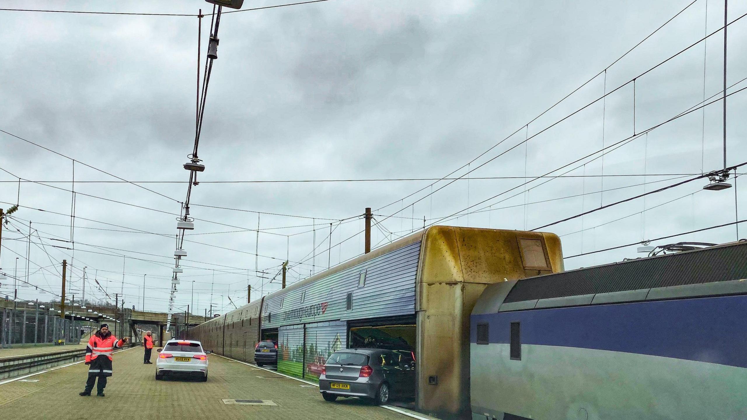 Cars being loaded onto a Eurotunnel train ready to go through the Channel Tunnel.