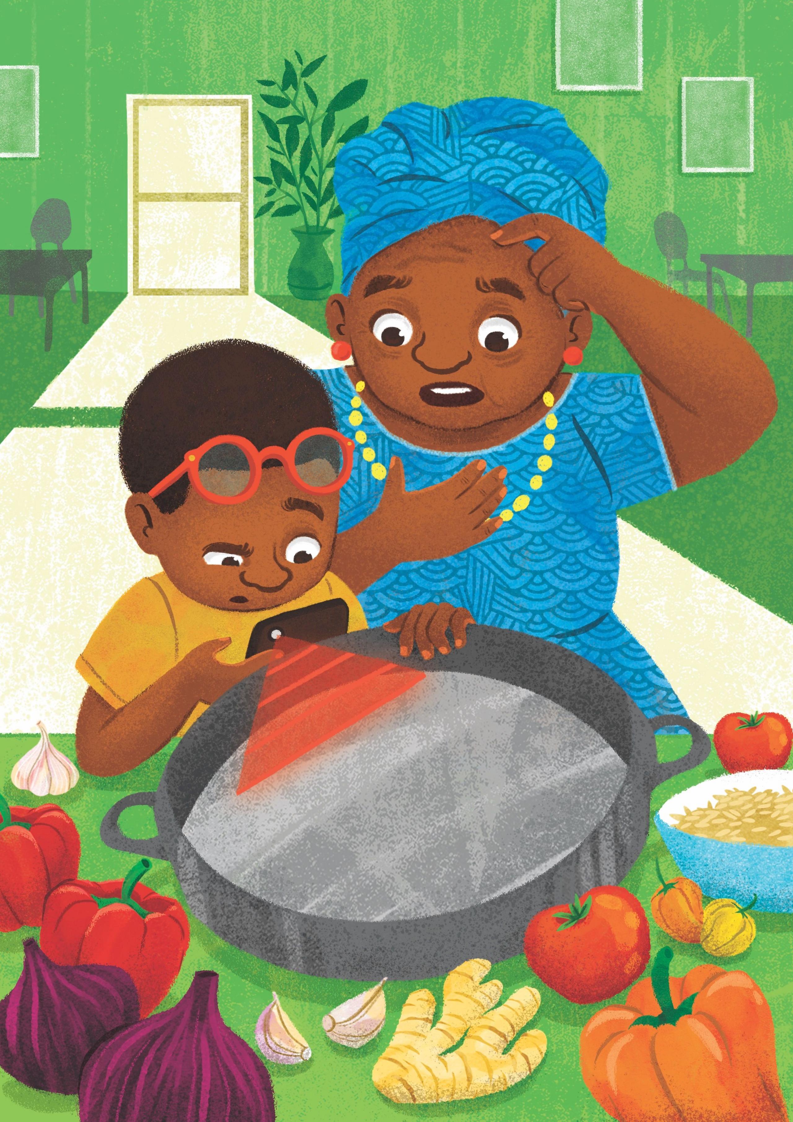 A lady and her son look into a cooking pot