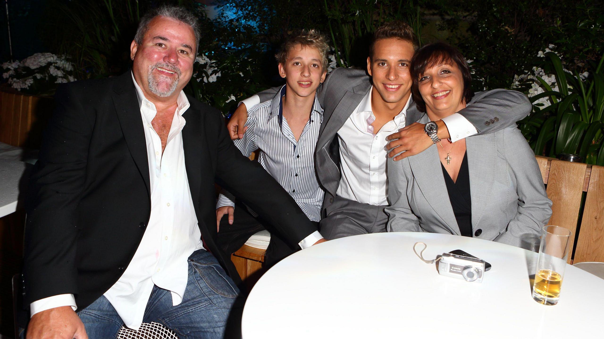 Bert le Clos, son Jordan, Chad and wife Geradine pictured during an Omega event in London, a week after he became an Olympic champion