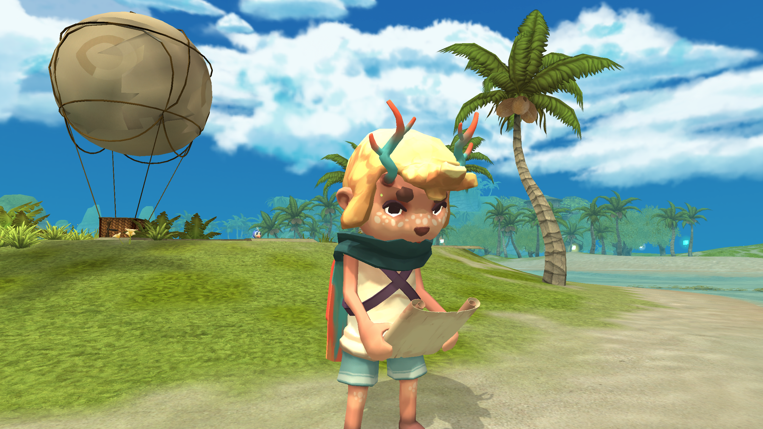 A fox character reads a map in a game scene on an island