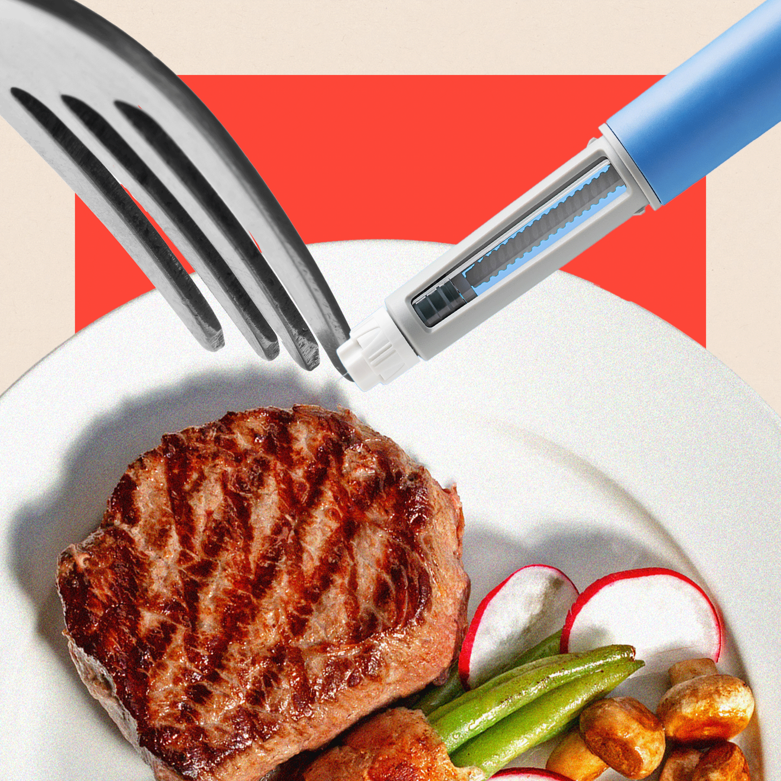 A semaglutide injection pen is used as a knife alongside a fork and a plate with a meal