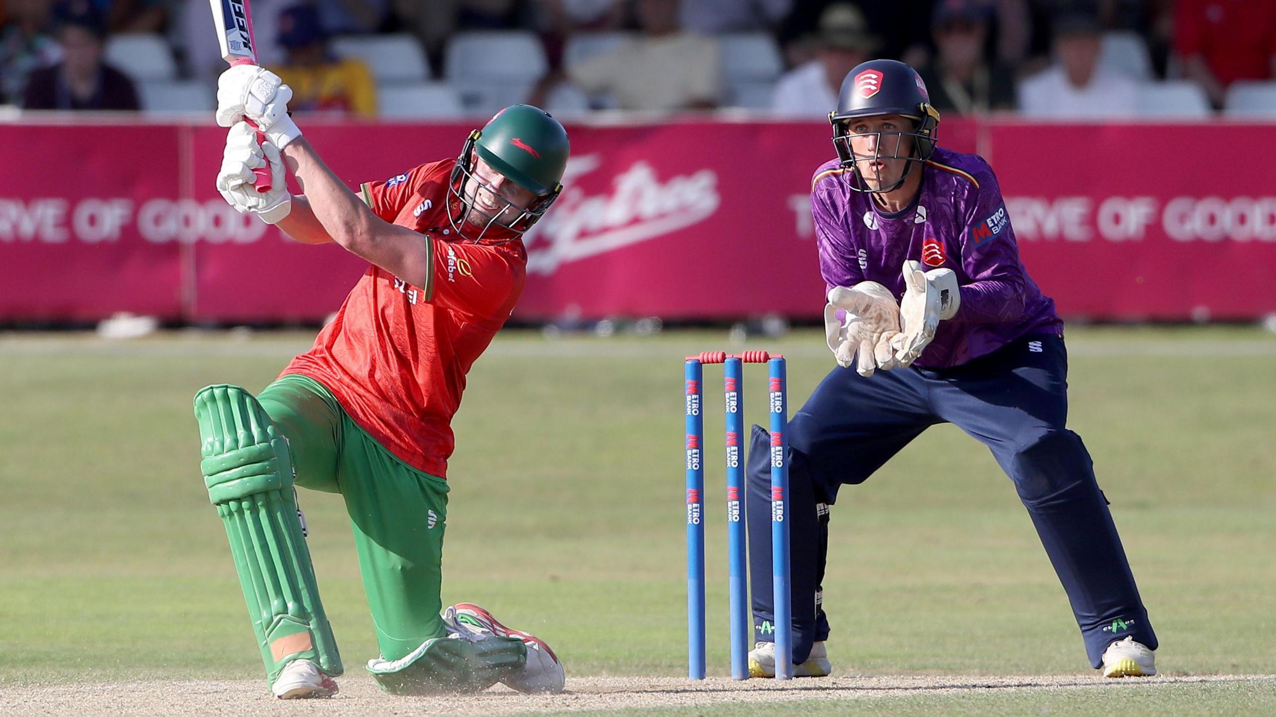 Leicestershire centurion Sol Budinger carves one of his 14 boundaries at Chelmsford