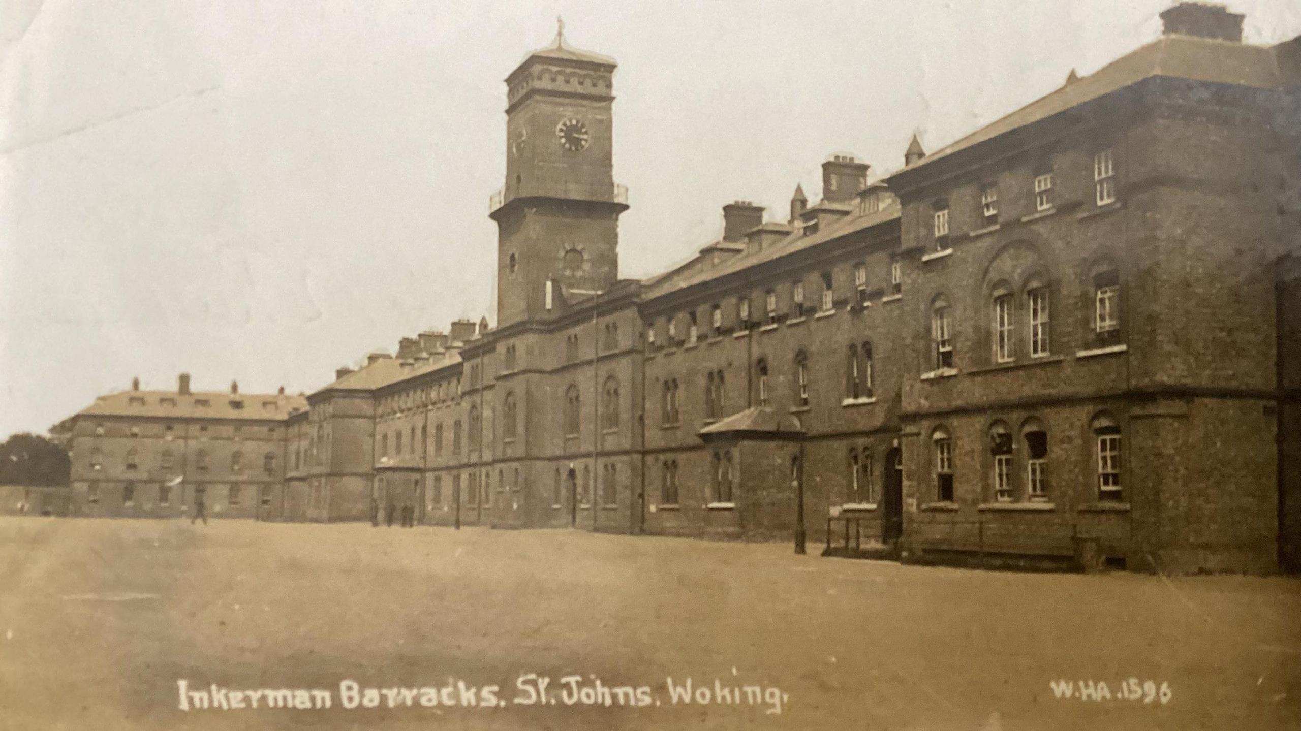 A black and white picture of the parade ground at Inkerman Barracks in Woking in 1915.
