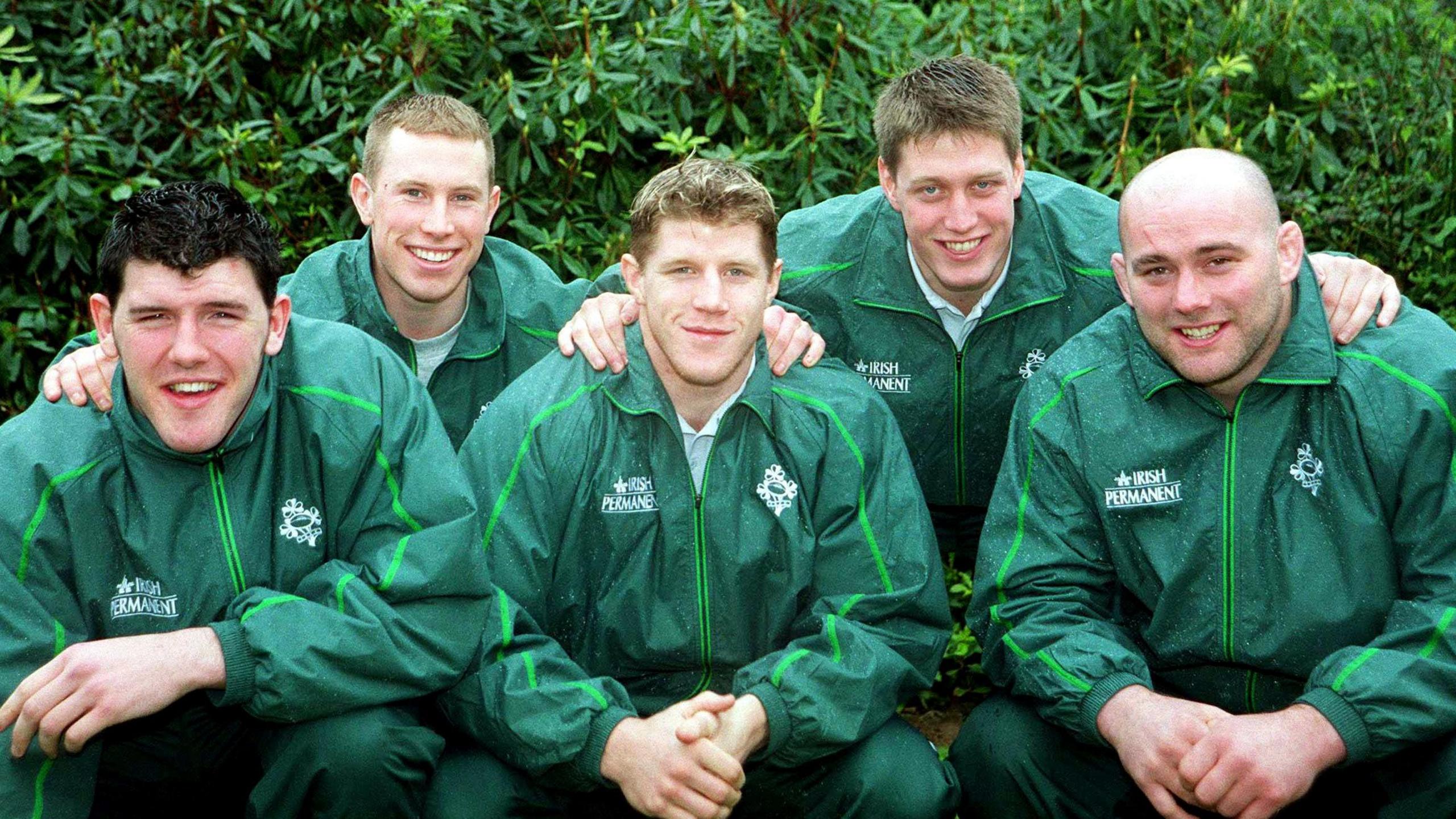 Shane Horgan, Peter Stringer, Simon Easterby Ronan O'Gara and John Hayes pose after being selected for Ireland v Scotland in 2000