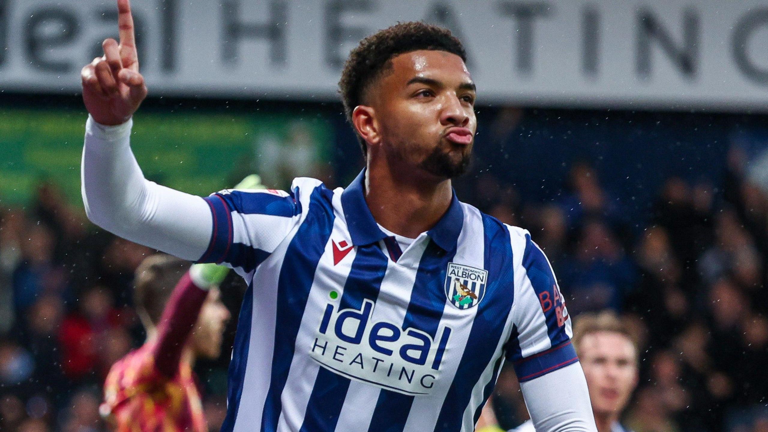 West Brom's Mason Holgate celebrates scoring against Norwich