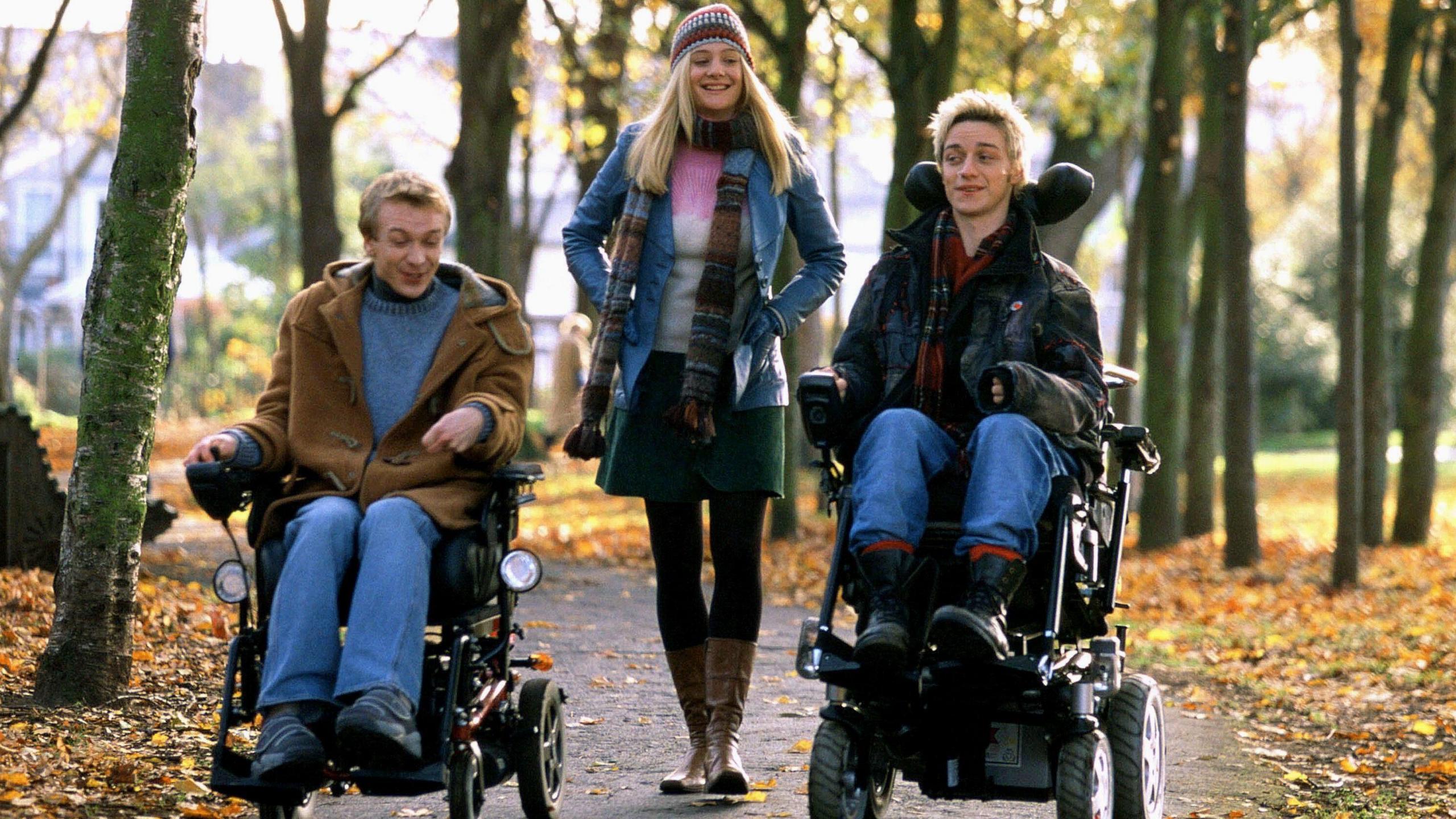 James McAvoy in a wheelchair portraying Rory O'Shea