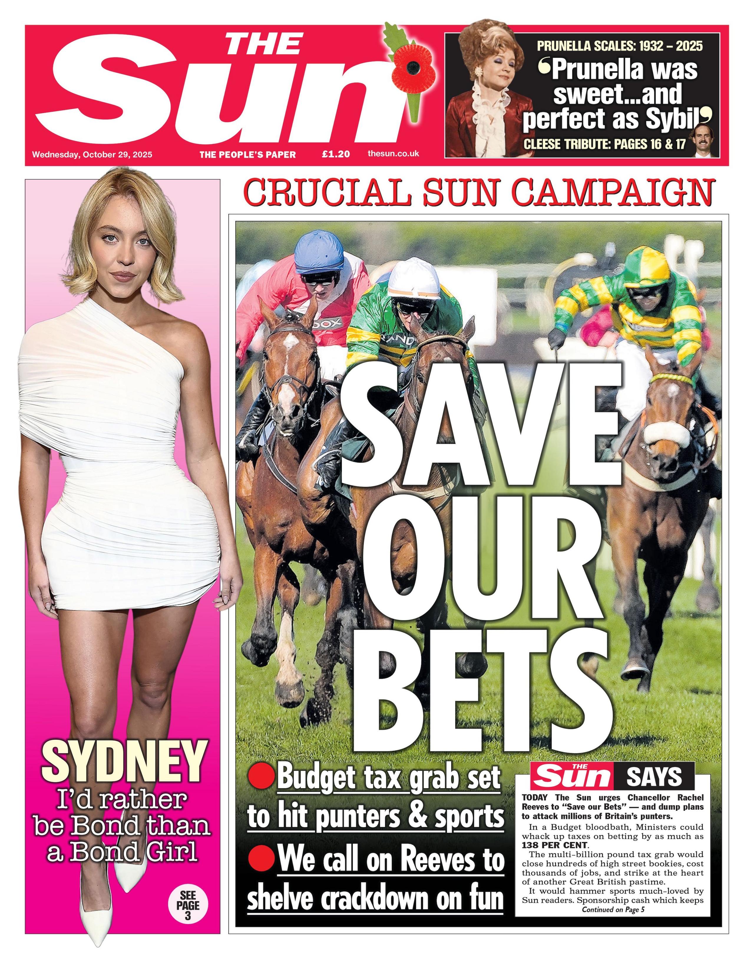 "Save our bets" reads the headline on the front page of The Sun.
