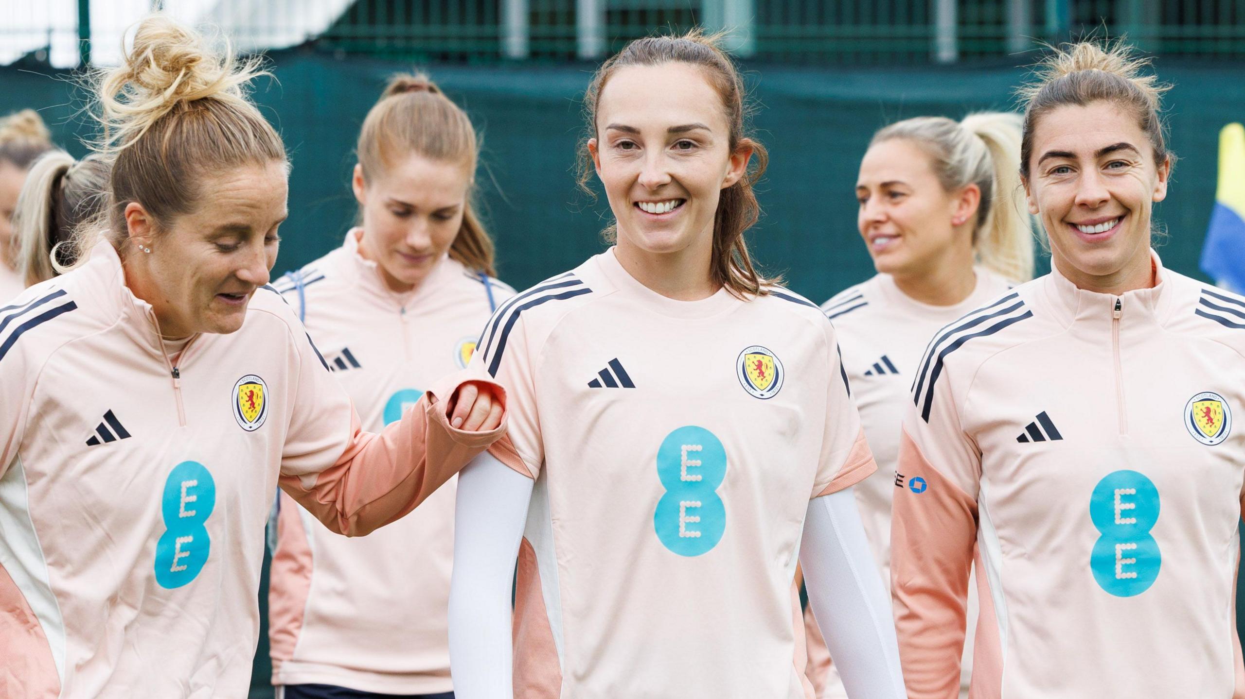 (L-R) Sophie Howard, Caroline Weir and Nicola Docherty during a Scotland Women's National Team training session at the Oriam
