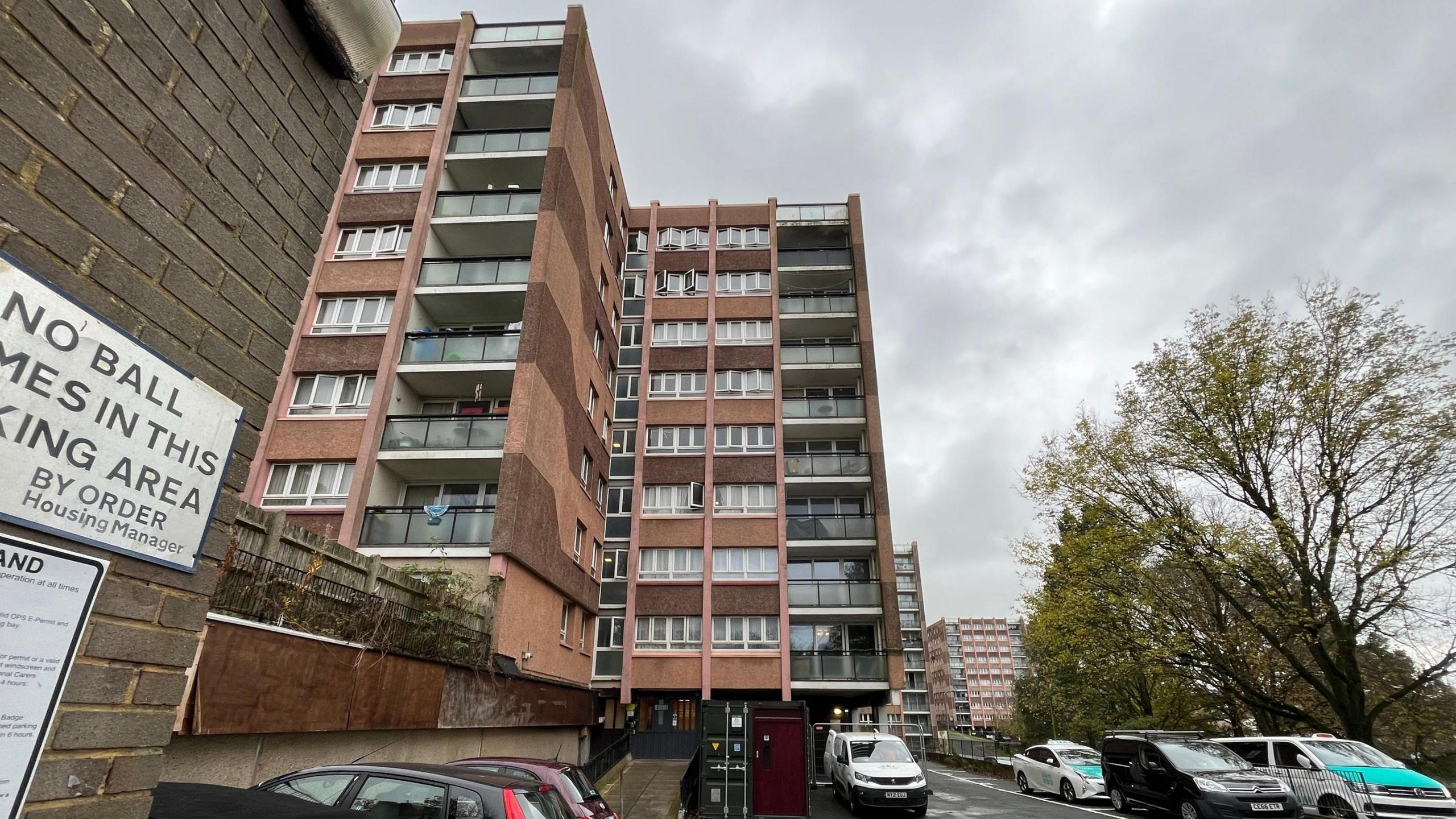 Kingfisher Court pictured from the front showing all nine storeys of the 1960s block of flats