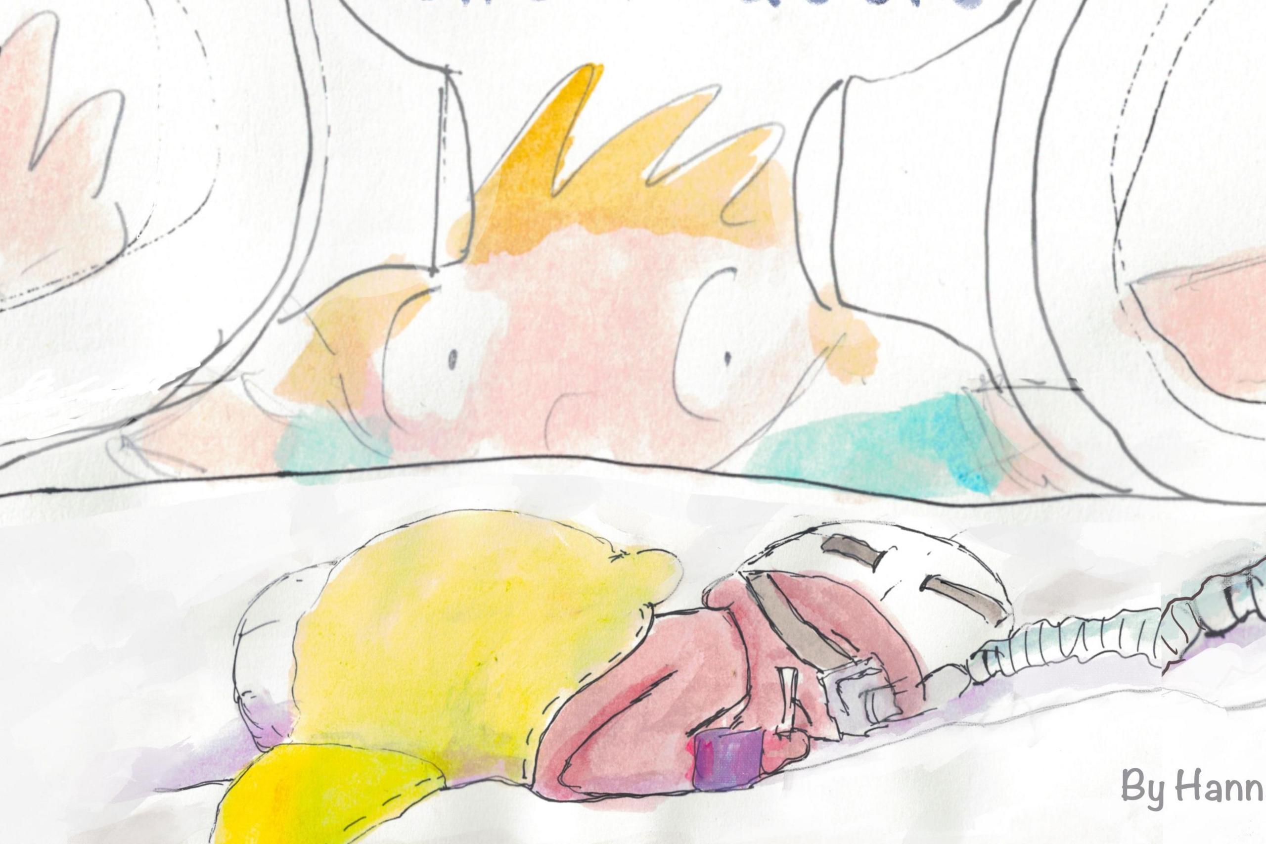 The front cover of the book Looking Through The Plastic features a drawn image by Hannah Graham of a child looking through an incubator at a newborn baby