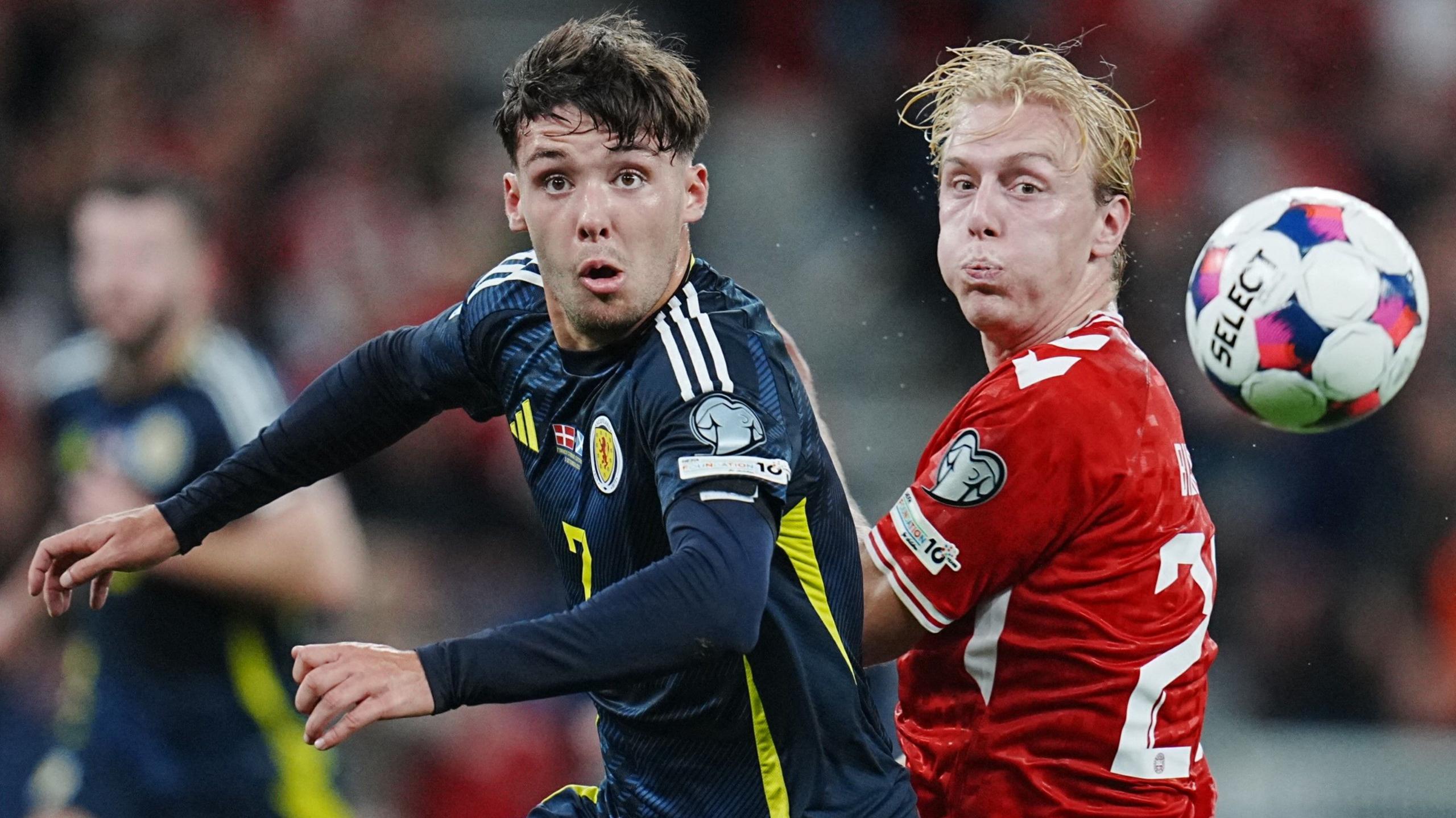 Aaron Hickey of Scotland against Denmark